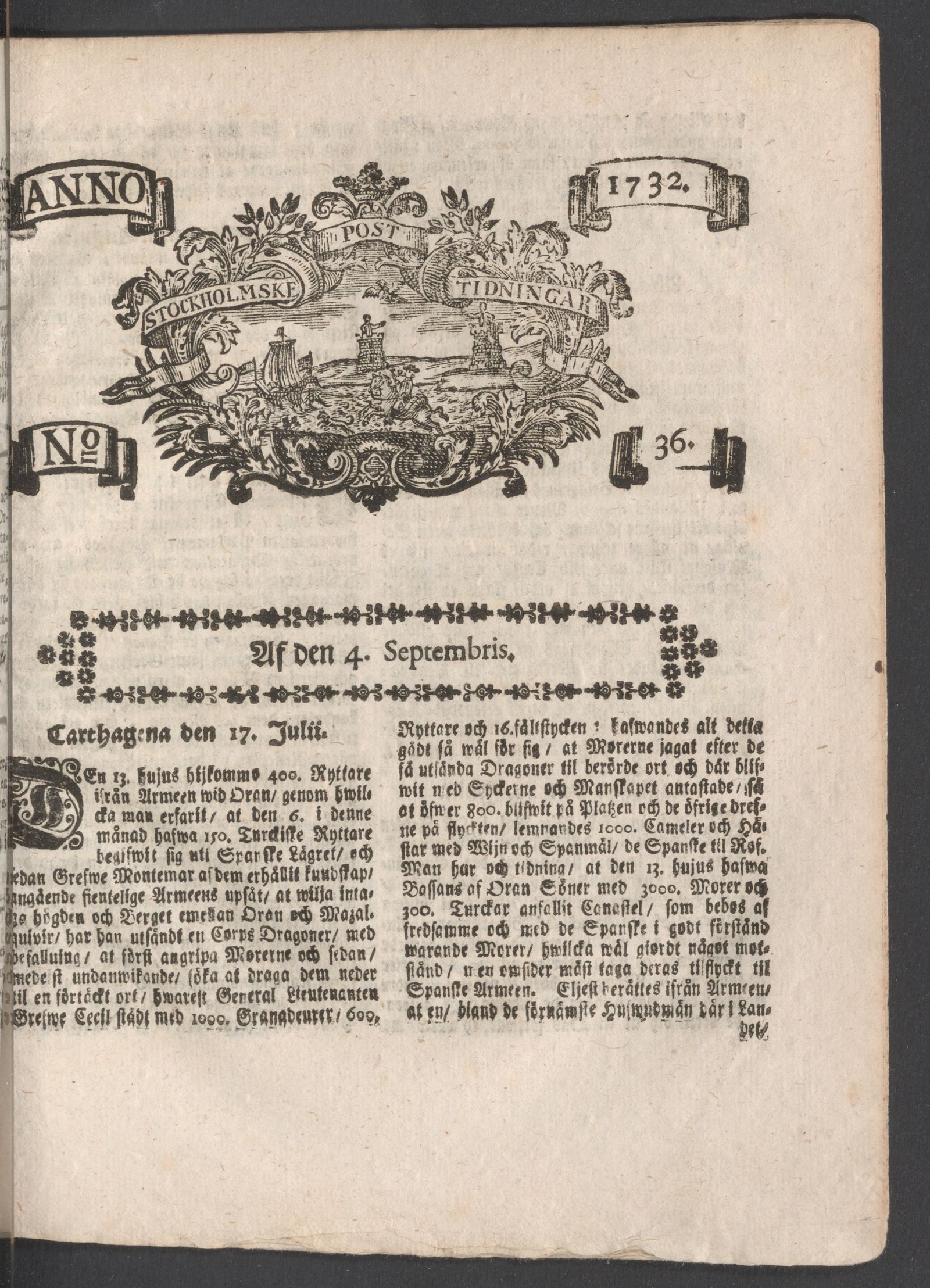Tidningssida ur POSTTIDNINGAR, 1732-09-04