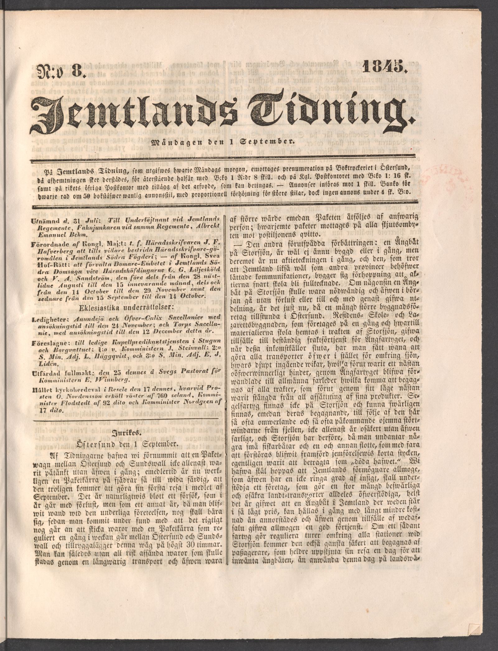 Tidningssida ur JEMTLANDS TIDNING, 1845-09-01