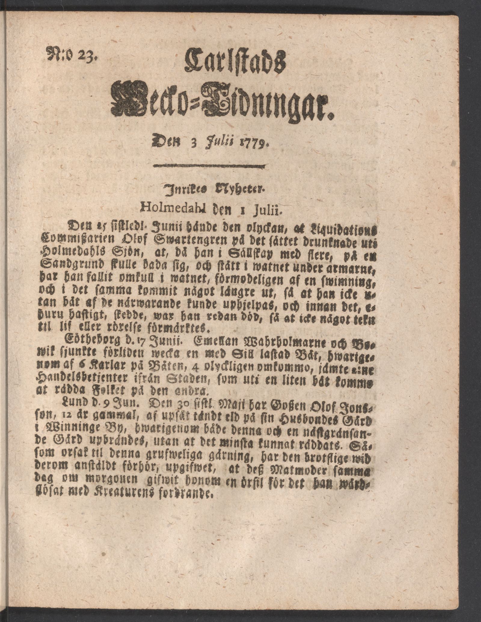 Tidningssida ur CARLSTADS WECKOTIDNINGAR, 1779-07-03