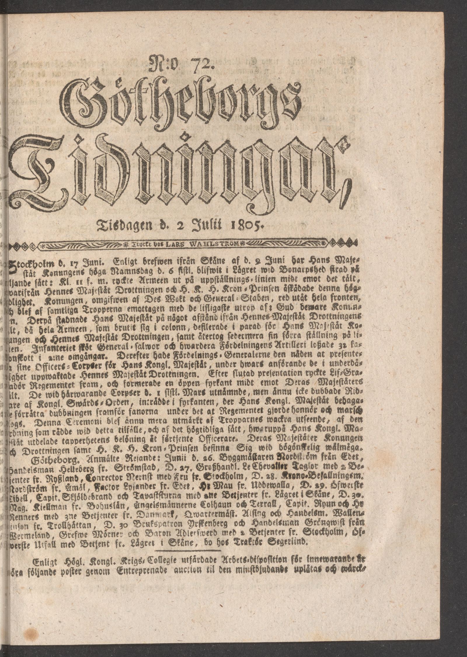 Tidningssida ur GÖTHEBORGS TIDNINGAR, 1805-07-02