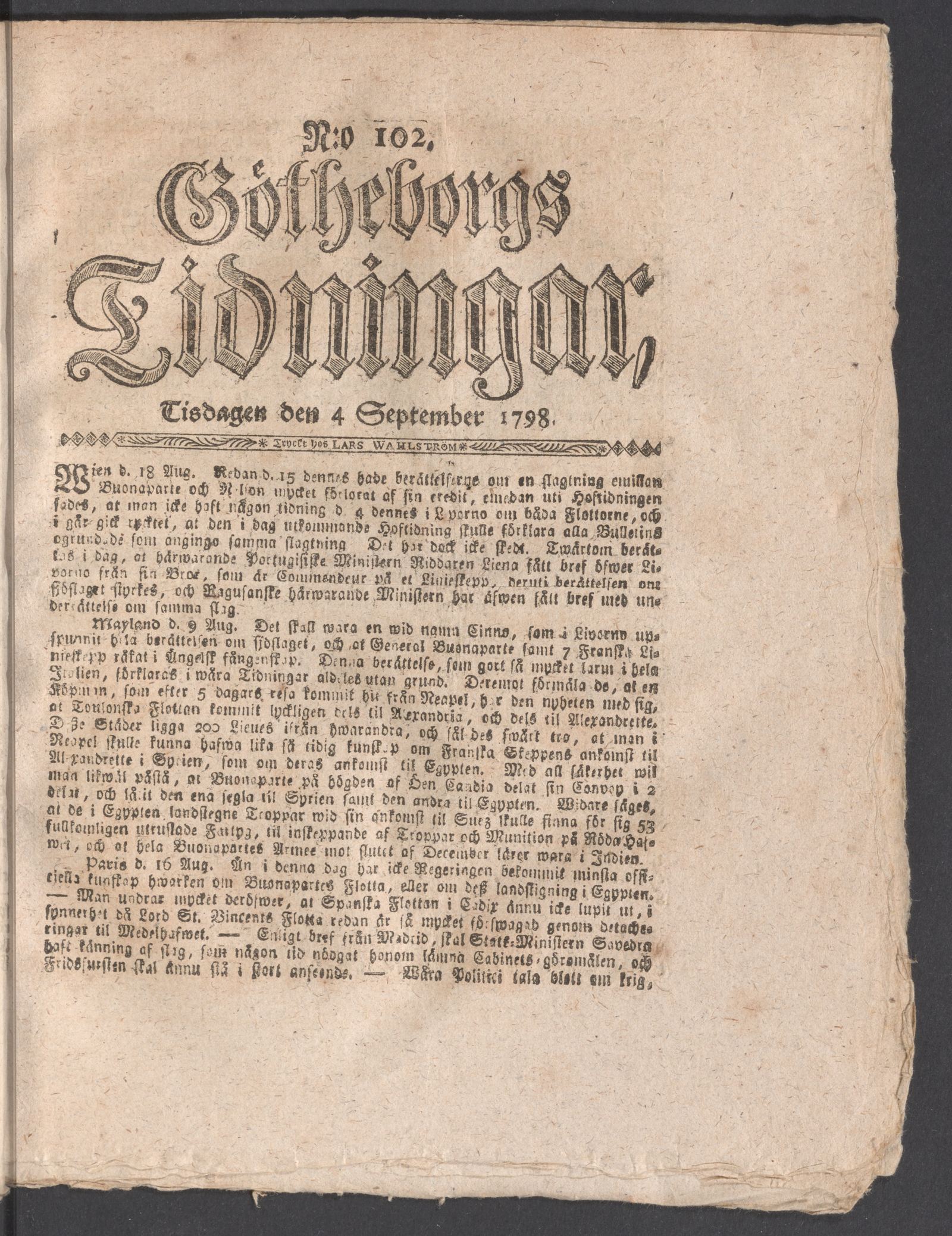 Tidningssida ur GÖTHEBORGS TIDNINGAR, 1798-09-04