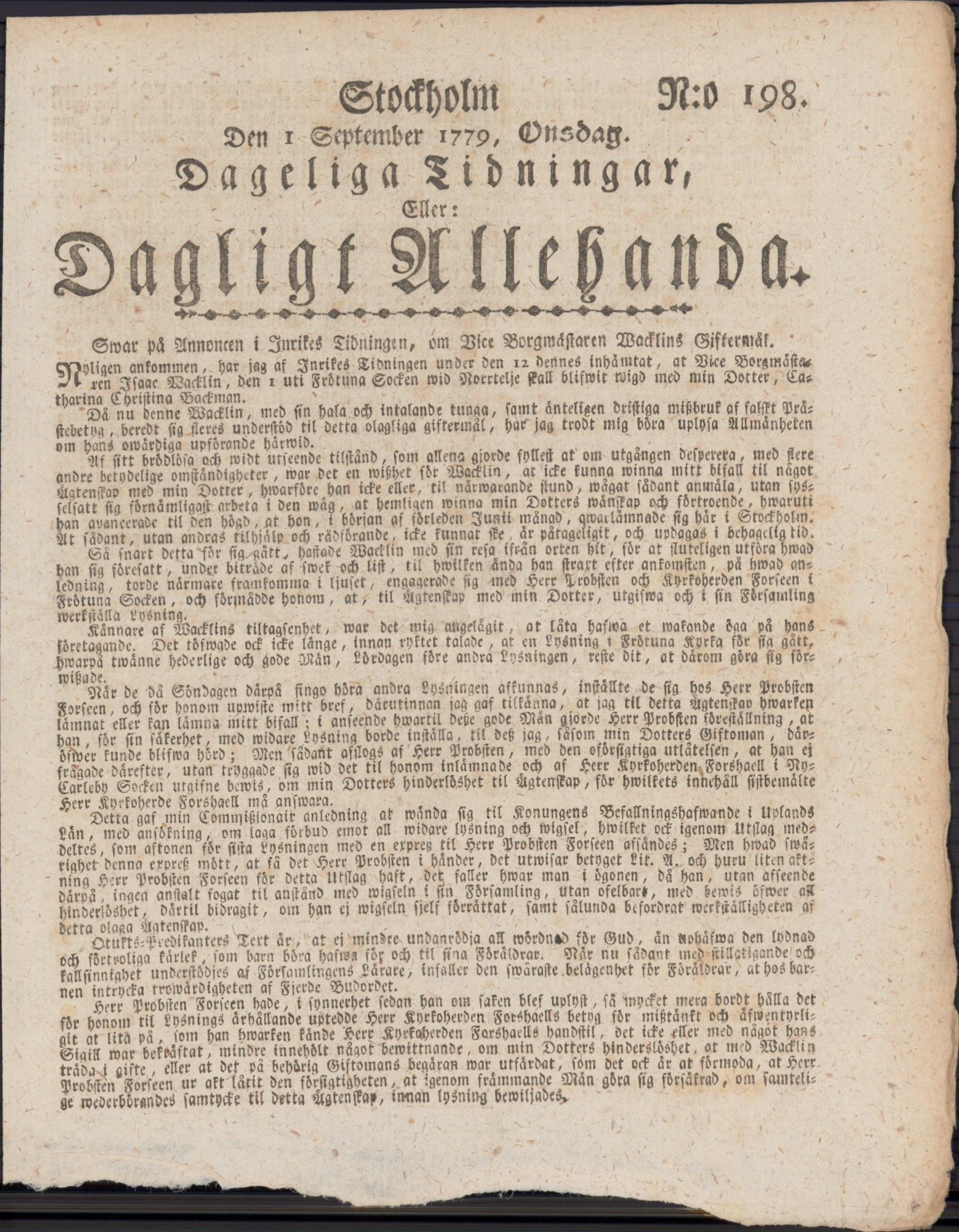 Tidningssida ur DAGLIGT ALLEHANDA, 1779-09-01