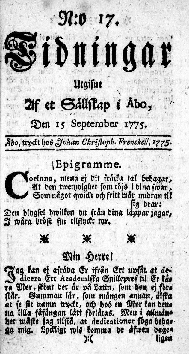 Tidningssida ur TIDNINGAR UTGIFNE AF ET SÄLLSKAP I ÅBO, 1775-09-15