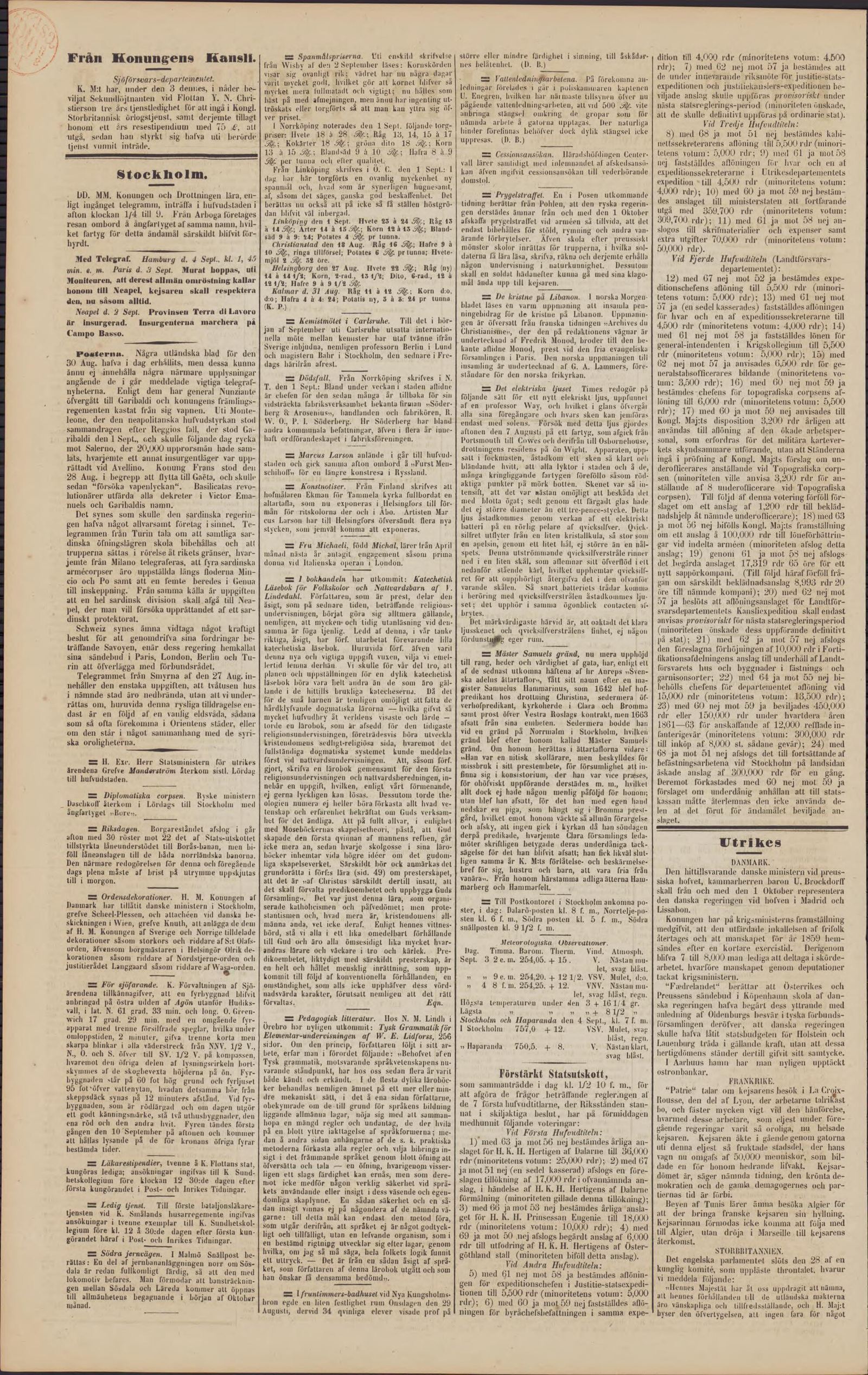 Tidningssida ur Post- Och Inrikes Tidningar, 1860-09-04