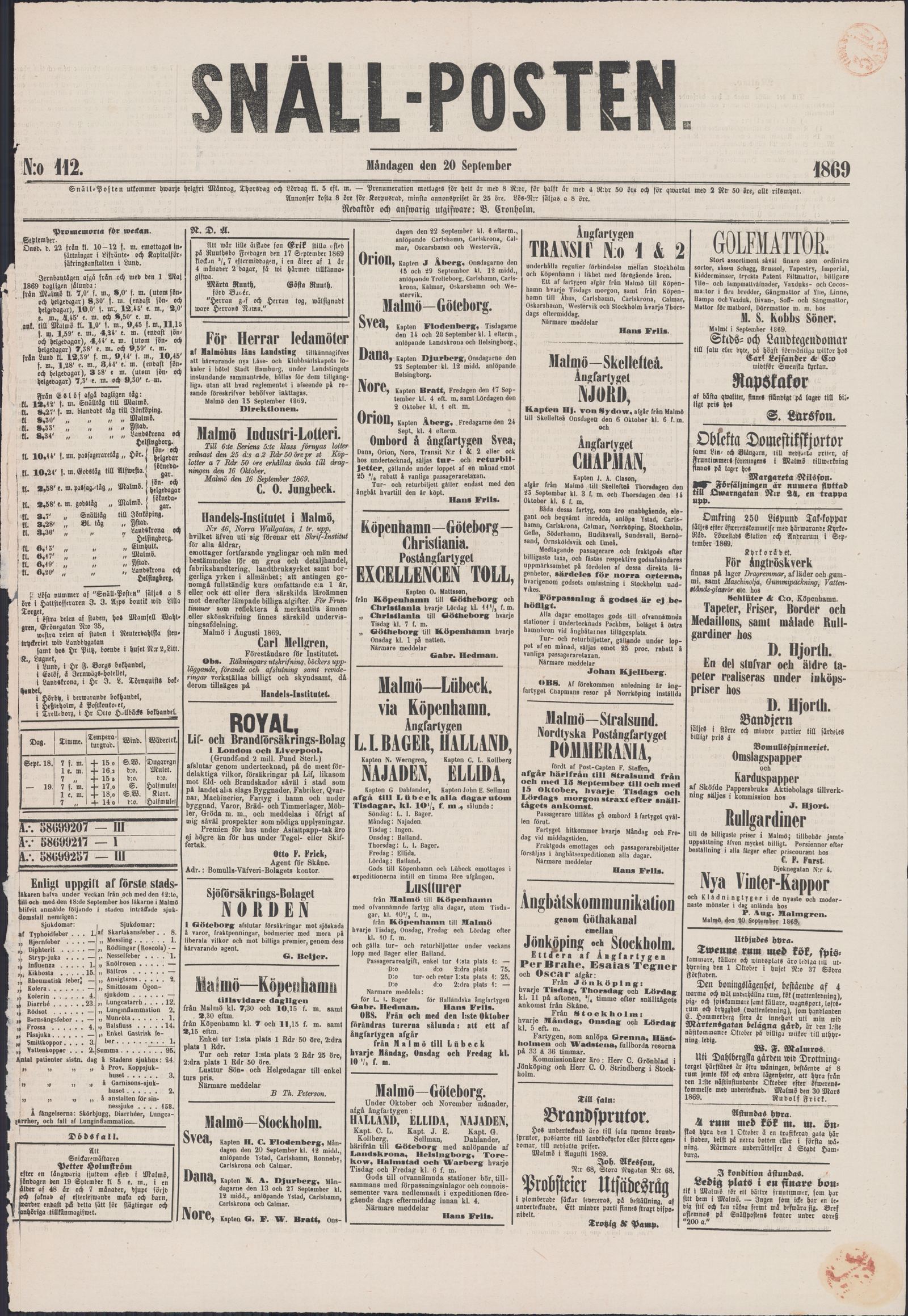 Tidningssida ur SNÄLLPOSTEN, 1869-09-20