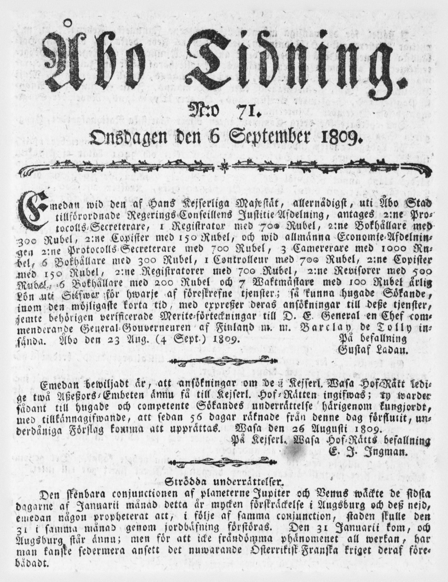 Tidningssida ur ÅBO TIDNING, 1809-09-06