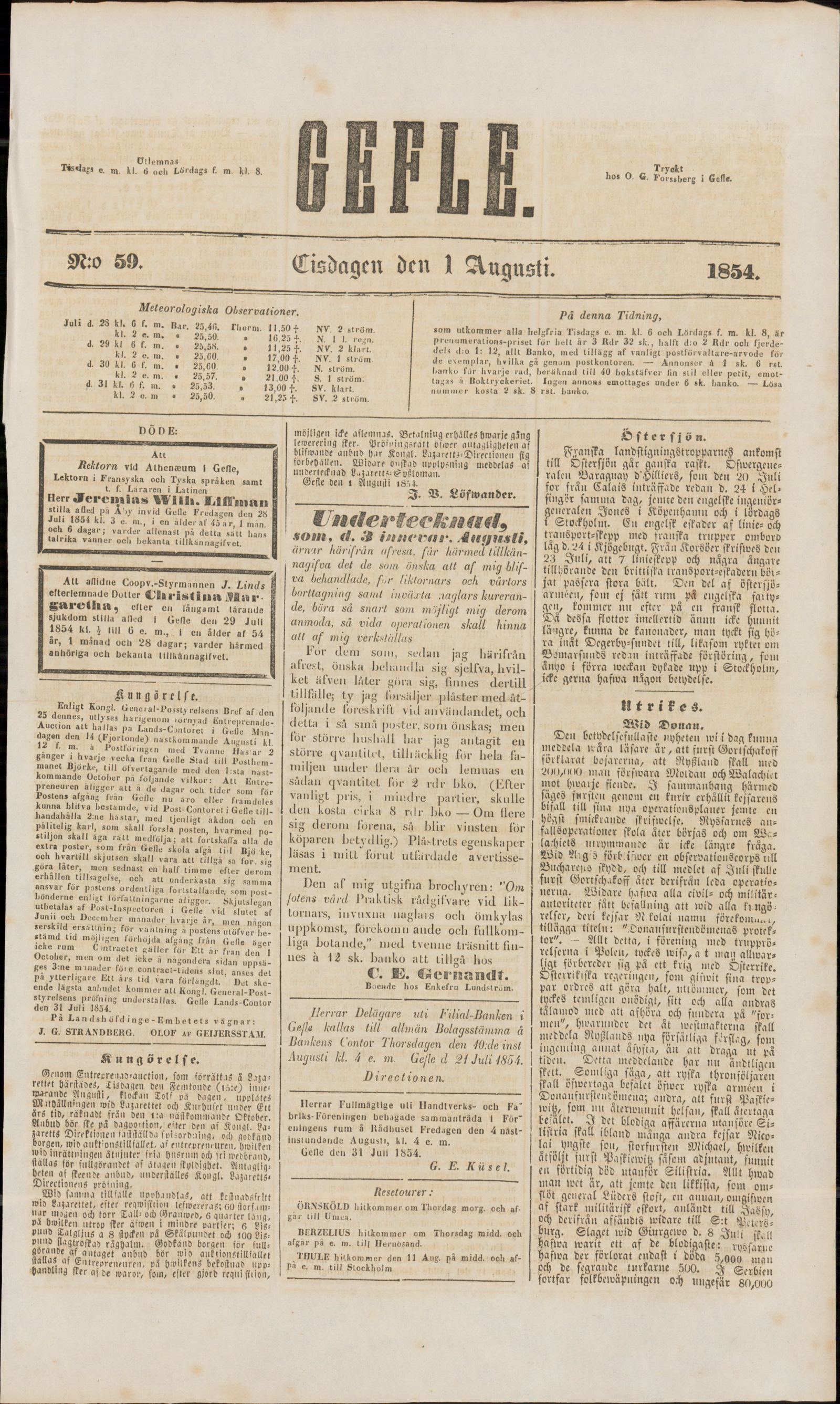 Tidningssida ur GEFLEBORGS LÄNS TIDNING, 1854-08-01