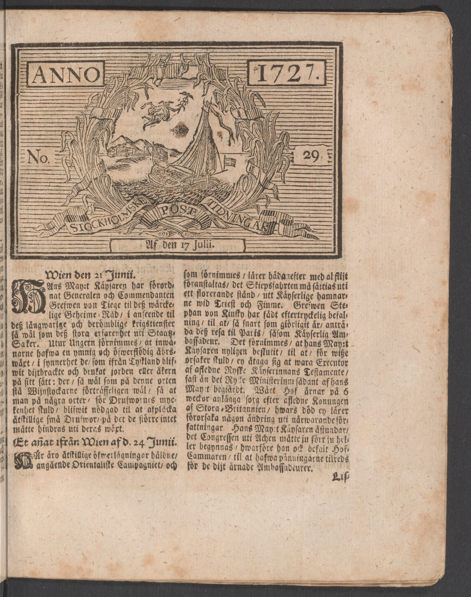Tidningssida ur POSTTIDNINGAR, 1727-07-17