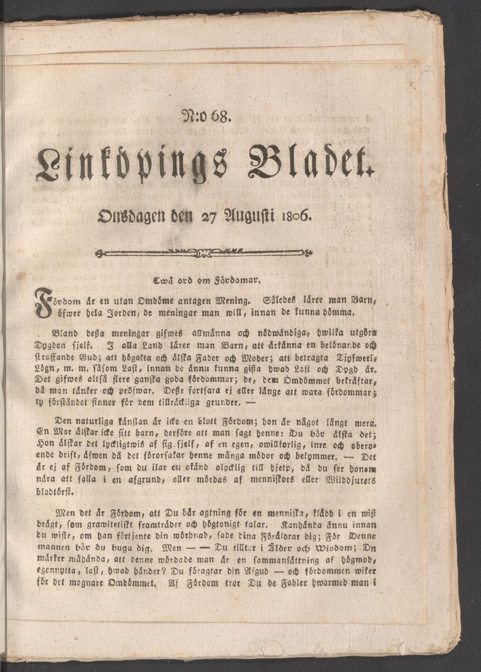 Tidningssida ur LINKÖPINGSBLADET, 1806-08-27