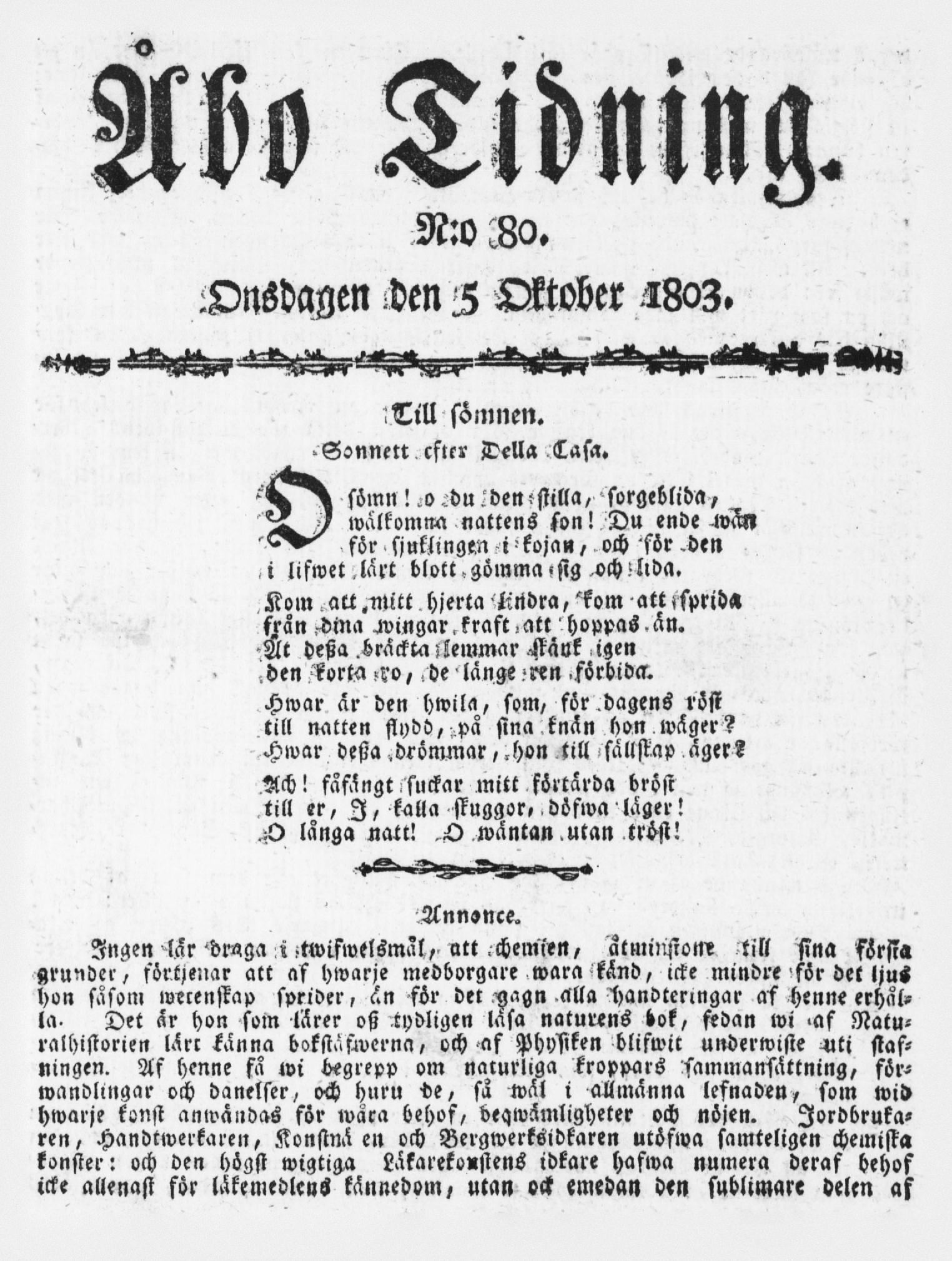 Tidningssida ur ÅBO TIDNING, 1803-10-05