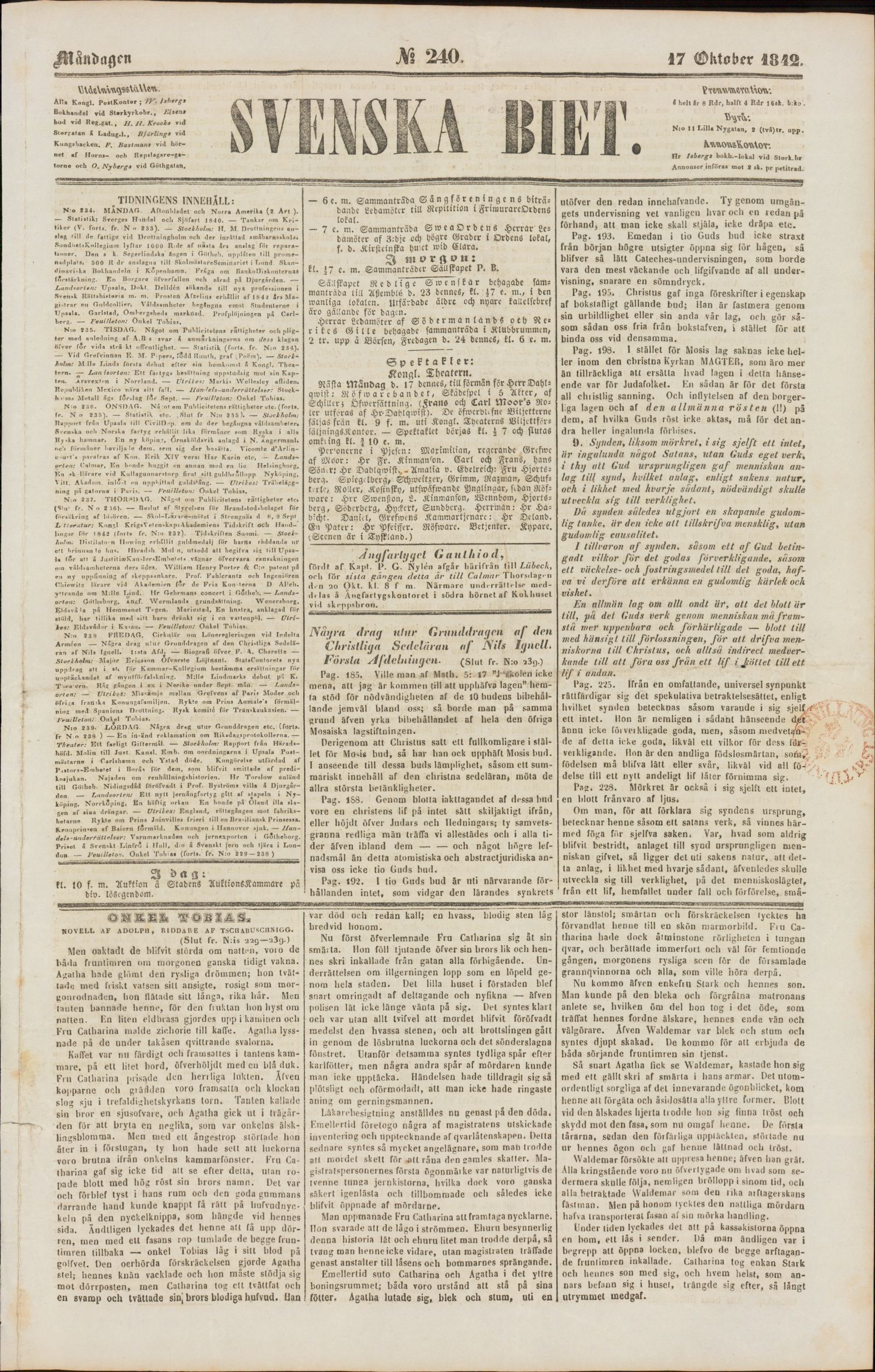 Tidningssida ur SVENSKA BIET, 1842-10-17