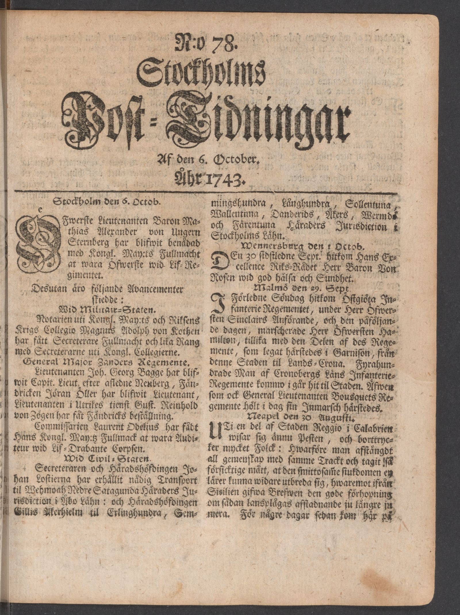 Tidningssida ur POSTTIDNINGAR, 1743-10-06