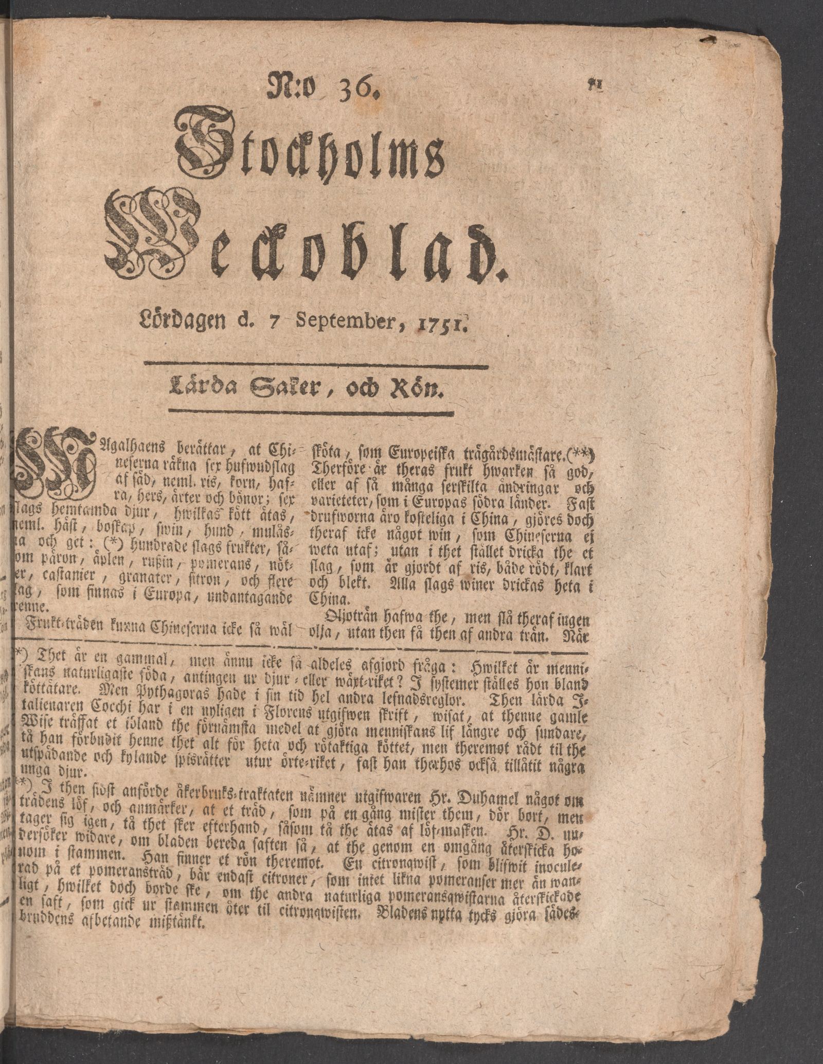 Tidningssida ur STOCKHOLMS WECKOBLAD, 1751-09-07