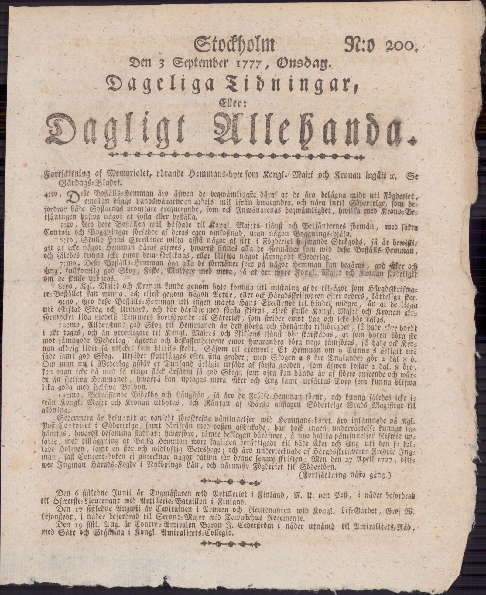 Tidningssida ur DAGLIGT ALLEHANDA, 1777-09-03