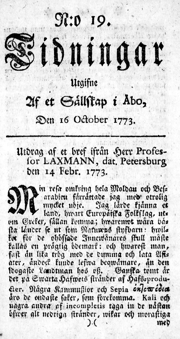 Tidningssida ur TIDNINGAR UTGIFNE AF ET SÄLLSKAP I ÅBO, 1773-10-16