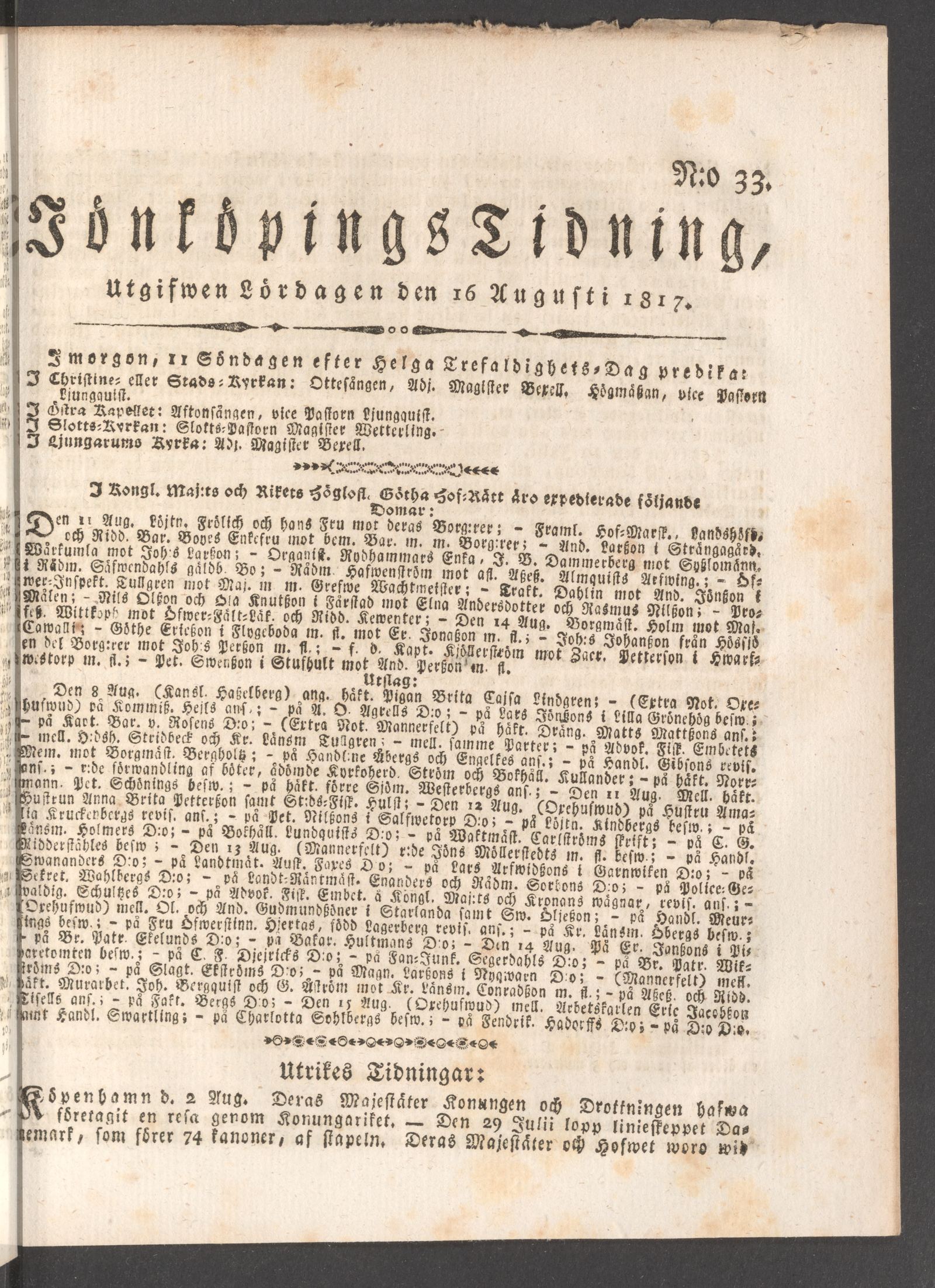 Tidningssida ur JÖNKÖPINGS TIDNING, 1817-08-16
