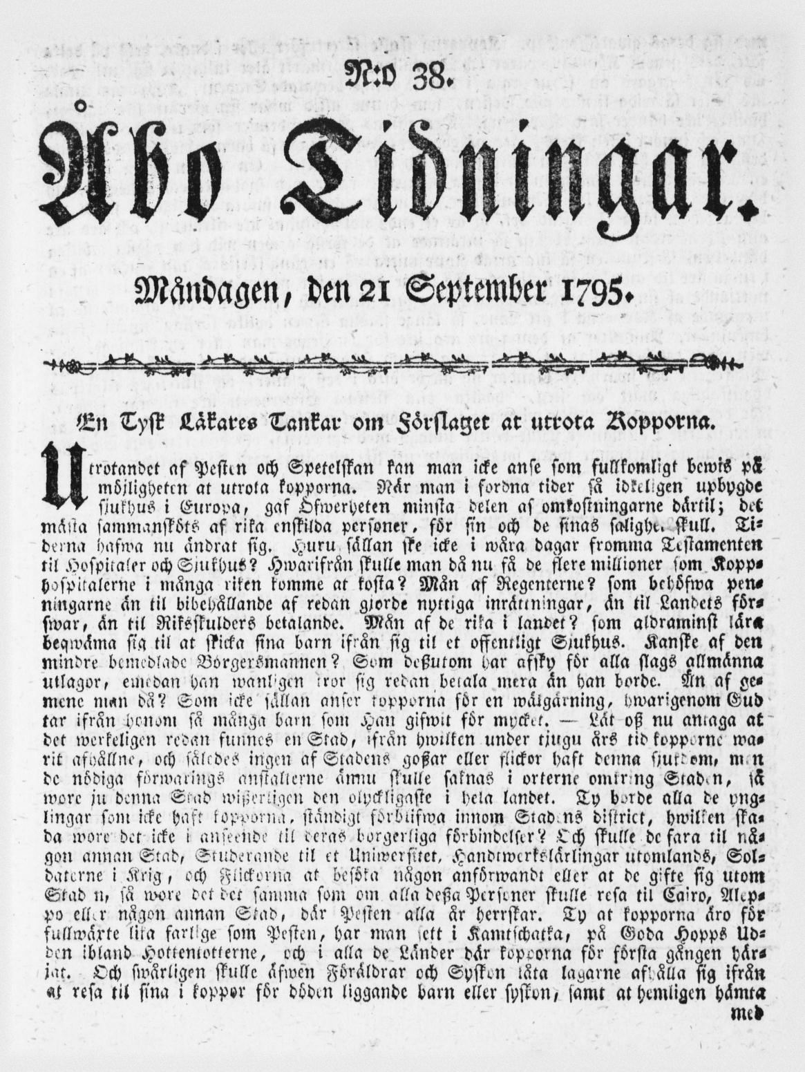 Tidningssida ur ÅBO TIDNINGAR, 1795-09-21