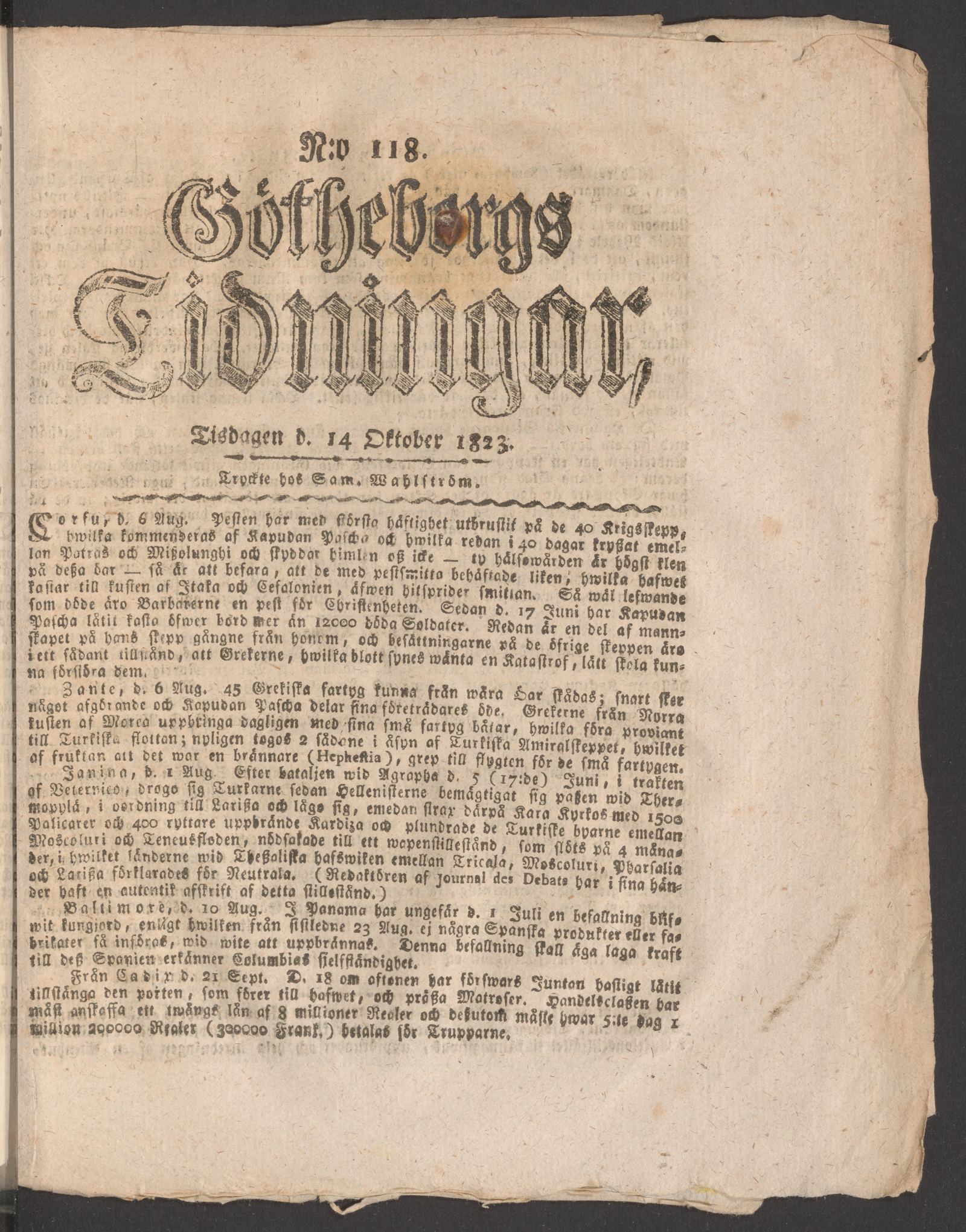 Tidningssida ur GÖTHEBORGS TIDNINGAR, 1823-10-14