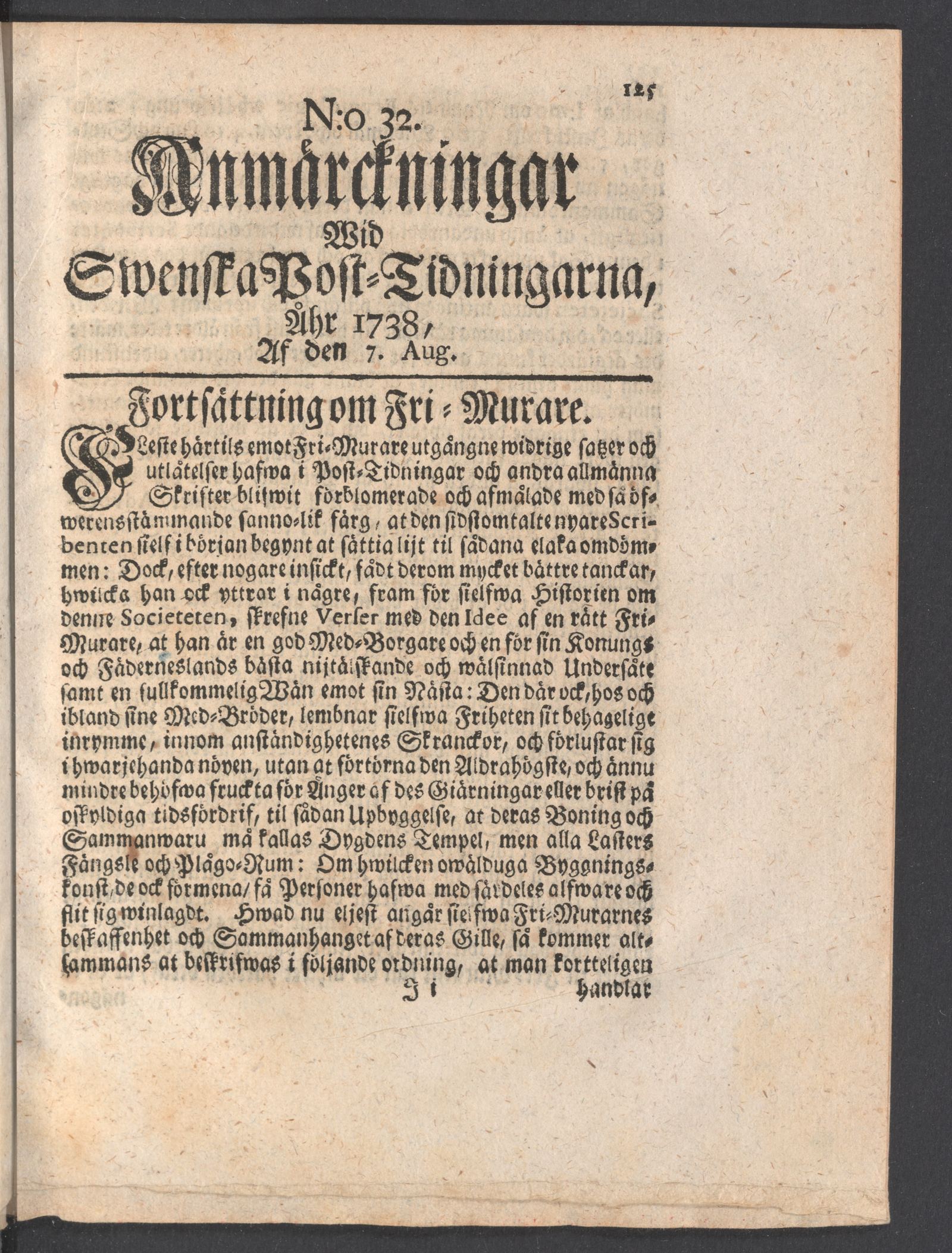 Tidningssida ur ANMÄRCKNINGAR WID SWENSKE POSTTIDNINGARNE, 1738-08-07