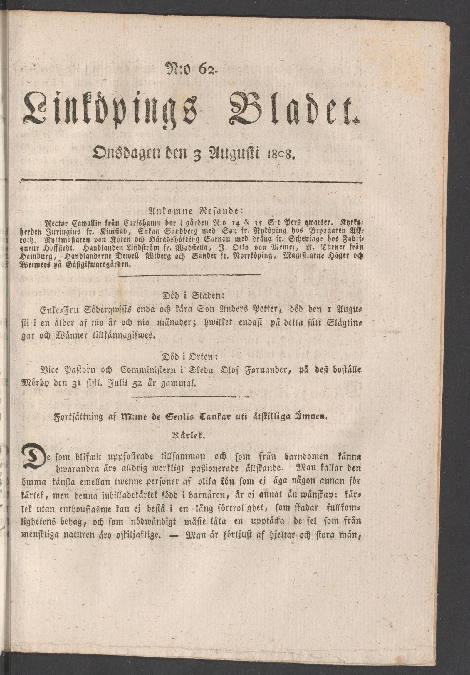 Tidningssida ur LINKÖPINGSBLADET, 1808-08-03