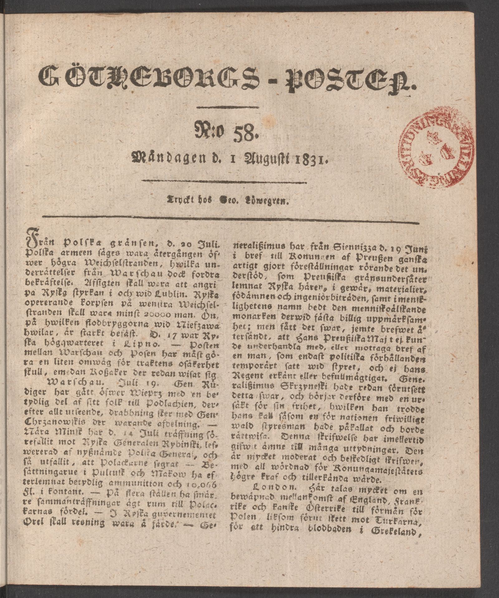 Tidningssida ur GÖTHEBORGSPOSTEN, 1831-08-01