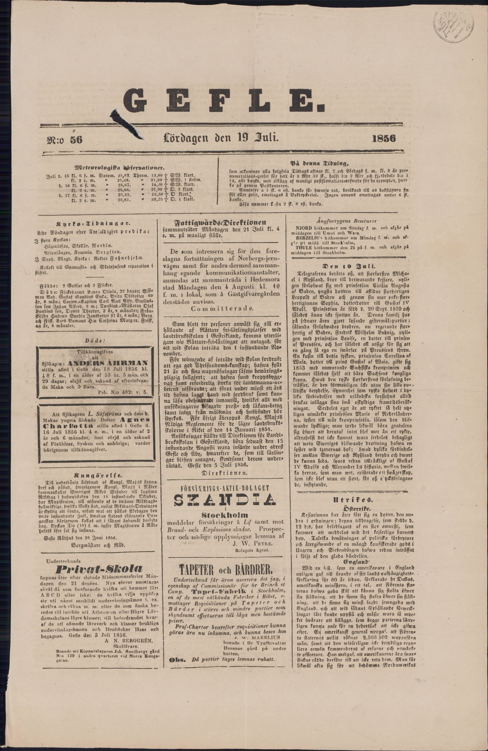 Tidningssida ur GEFLEBORGS LÄNS TIDNING, 1856-07-19