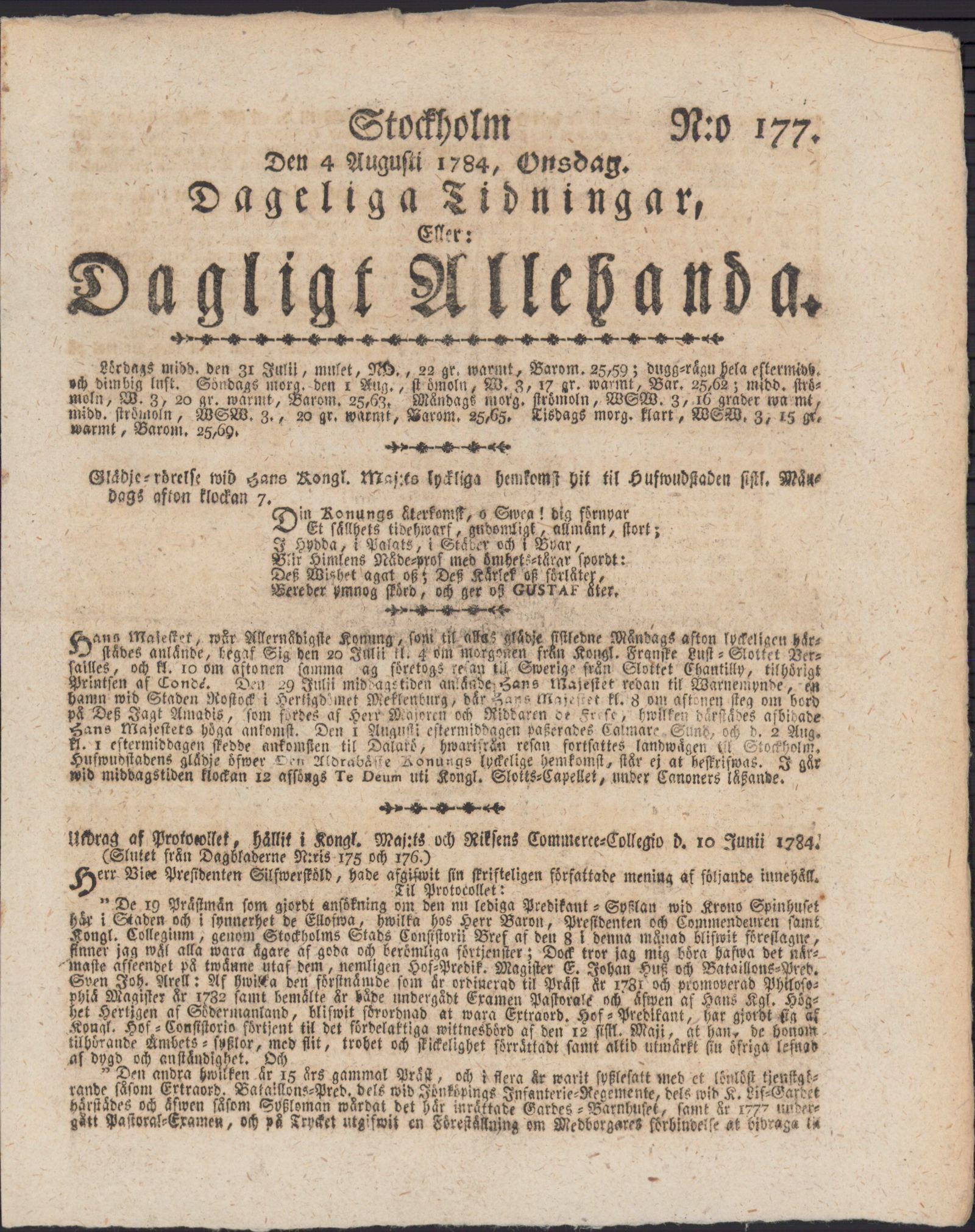 Tidningssida ur DAGLIGT ALLEHANDA, 1784-08-04
