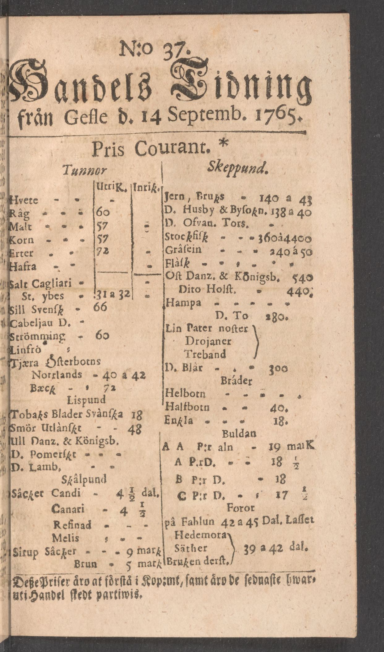 Tidningssida ur HANDELS TIDNING FRÅN GEFLE, 1765-09-14