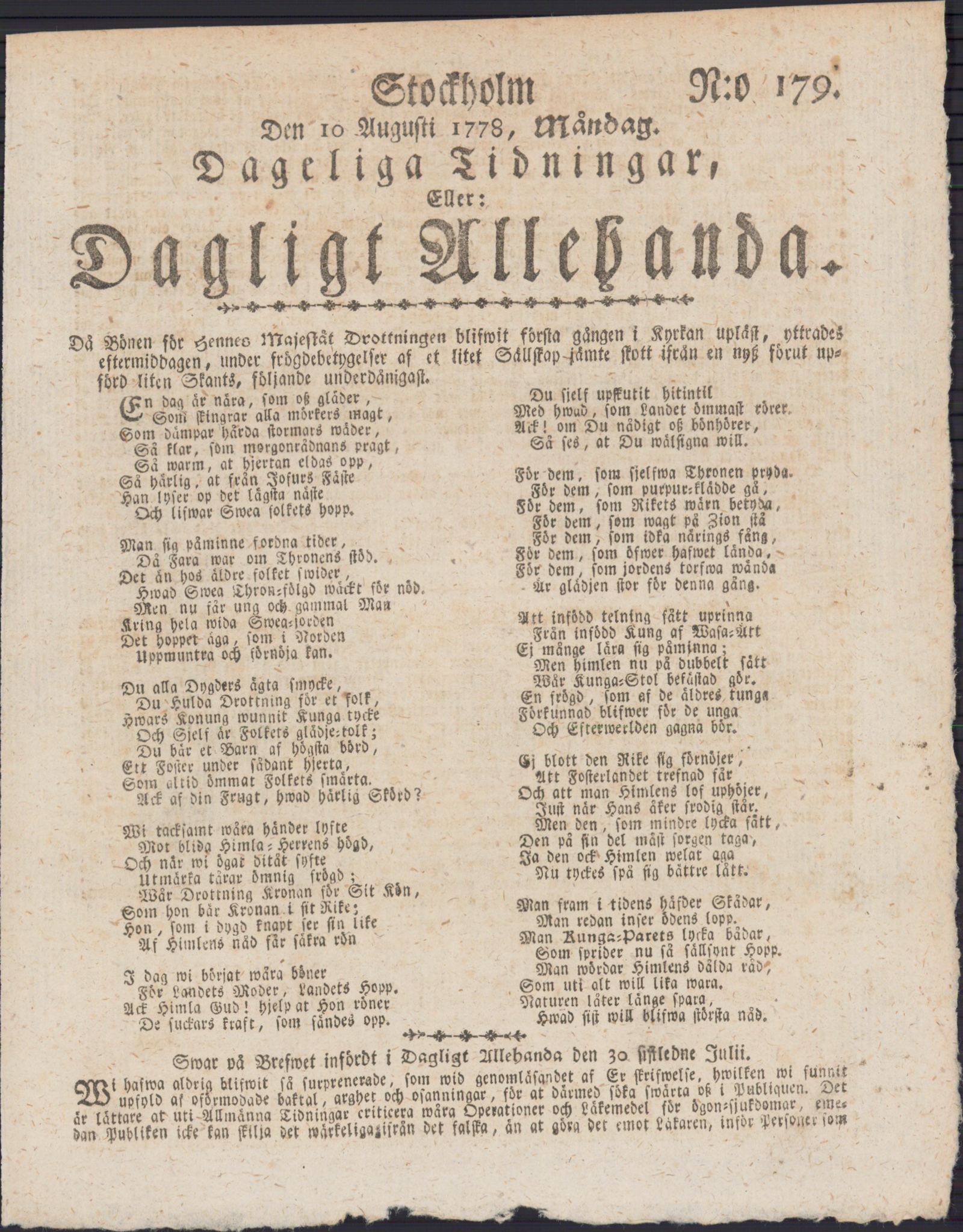 Tidningssida ur DAGLIGT ALLEHANDA, 1778-08-10