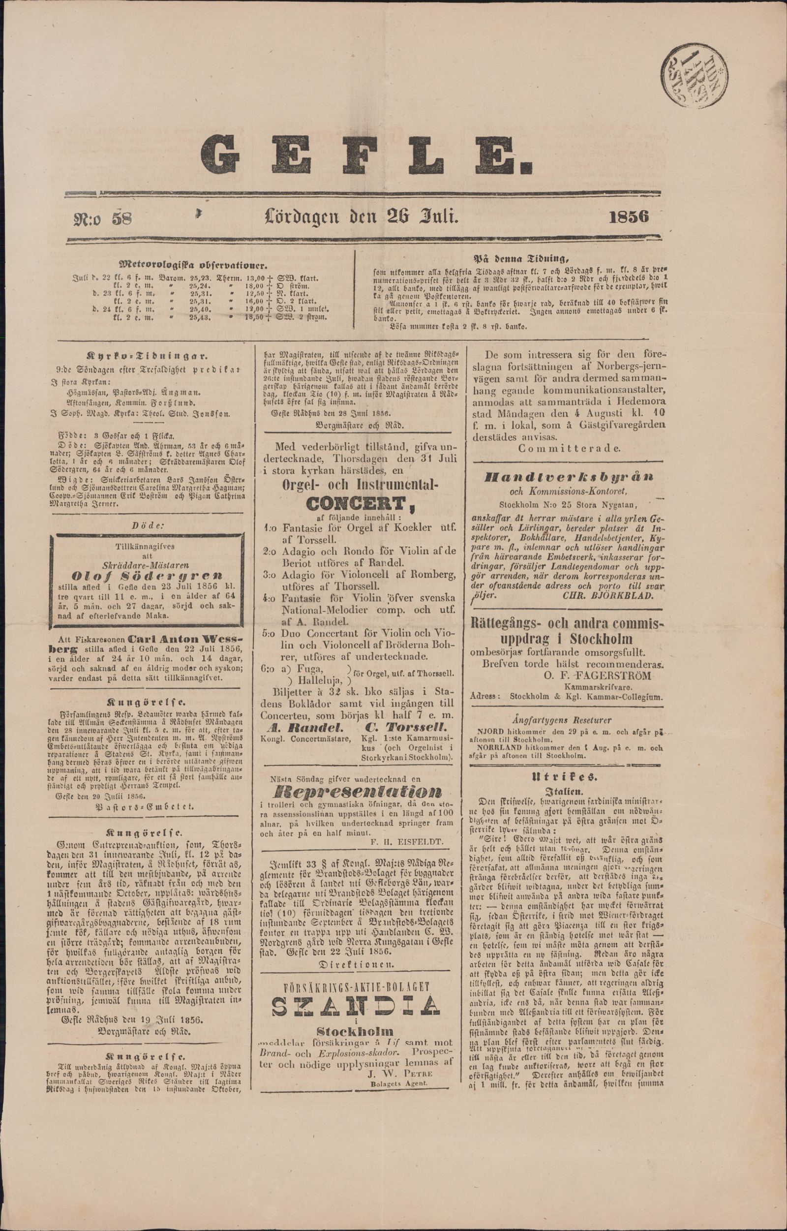 Tidningssida ur GEFLEBORGS LÄNS TIDNING, 1856-07-26