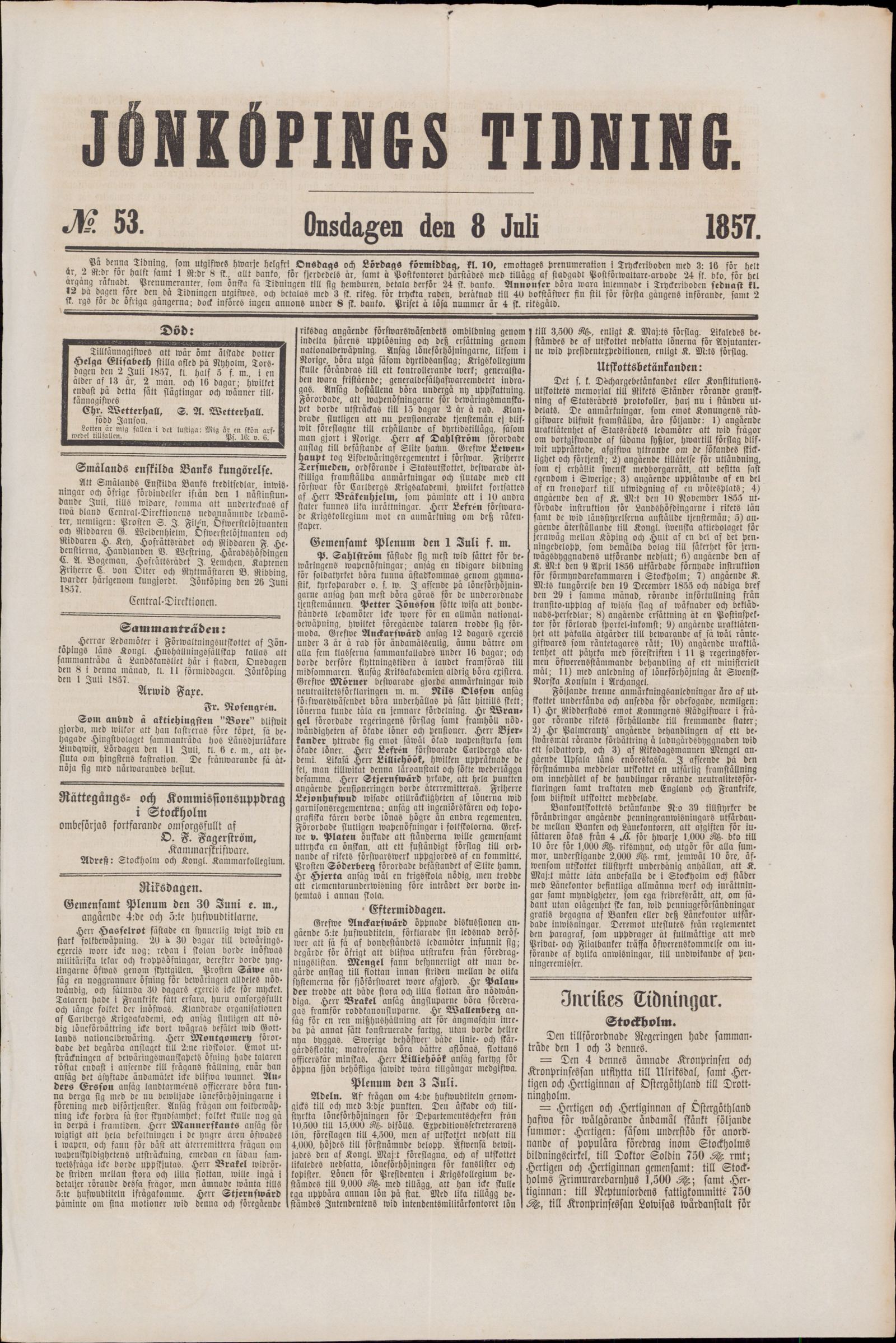Tidningssida ur JÖNKÖPINGS TIDNING, 1857-07-08