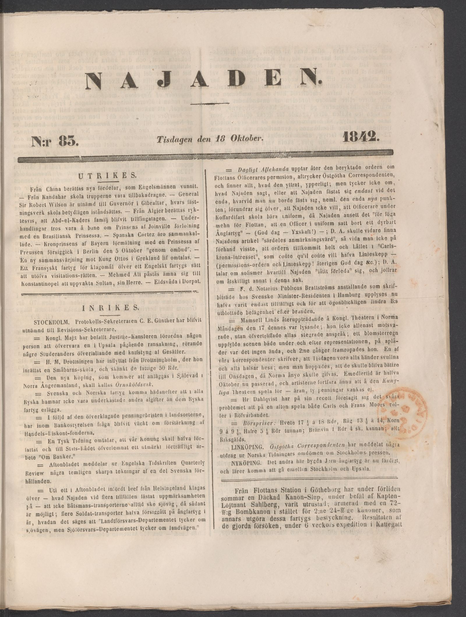 Tidningssida ur NAJADEN, 1842-10-18