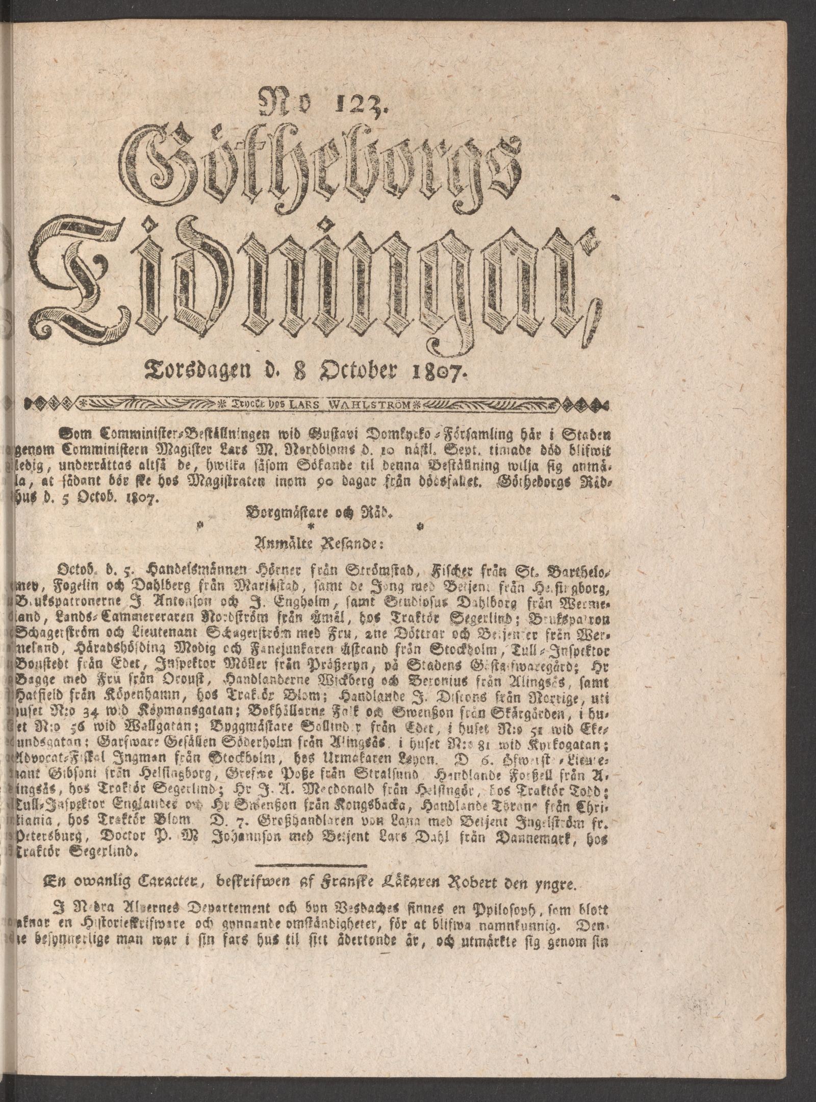 Tidningssida ur GÖTHEBORGS TIDNINGAR, 1807-10-08