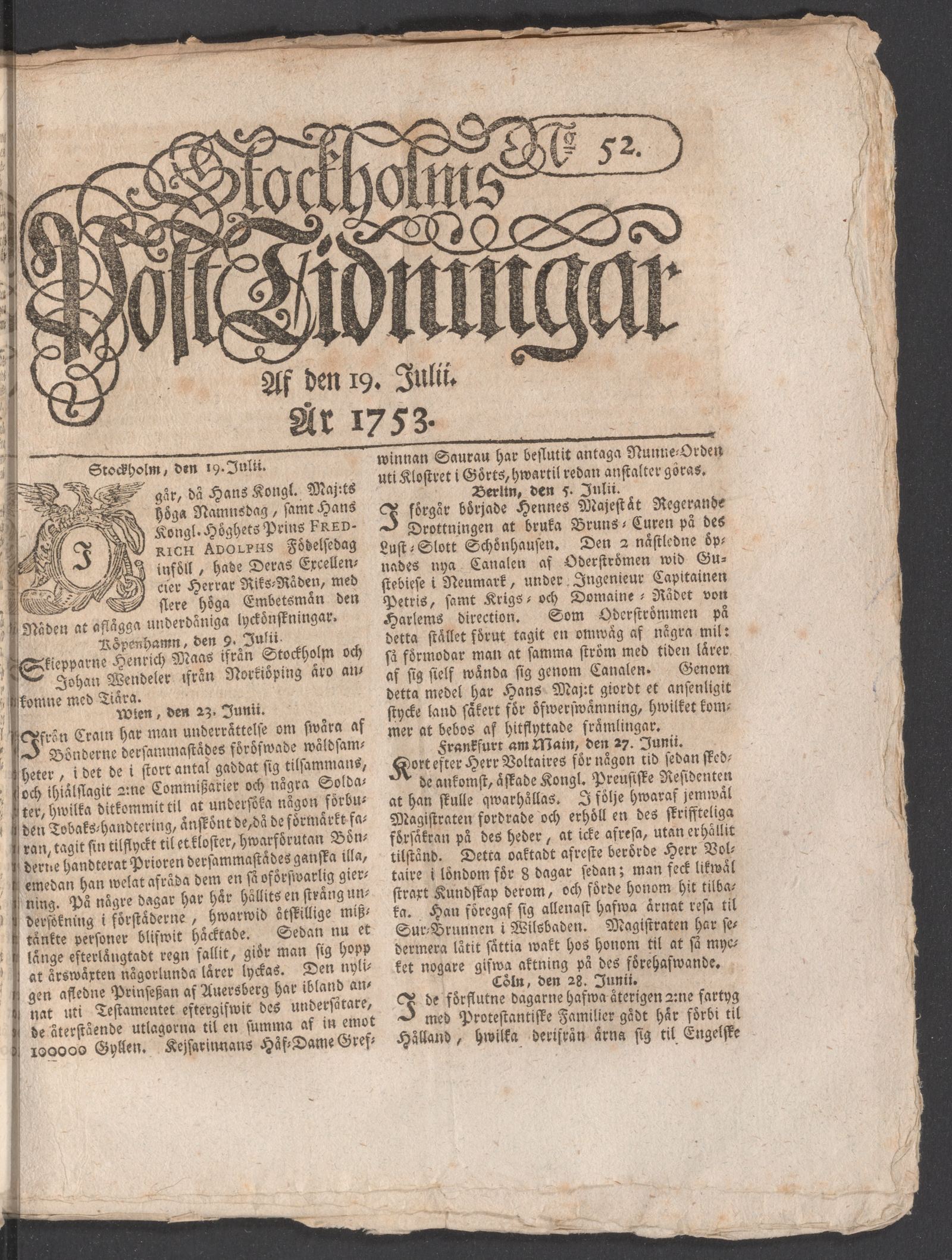 Tidningssida ur POSTTIDNINGAR, 1753-07-19