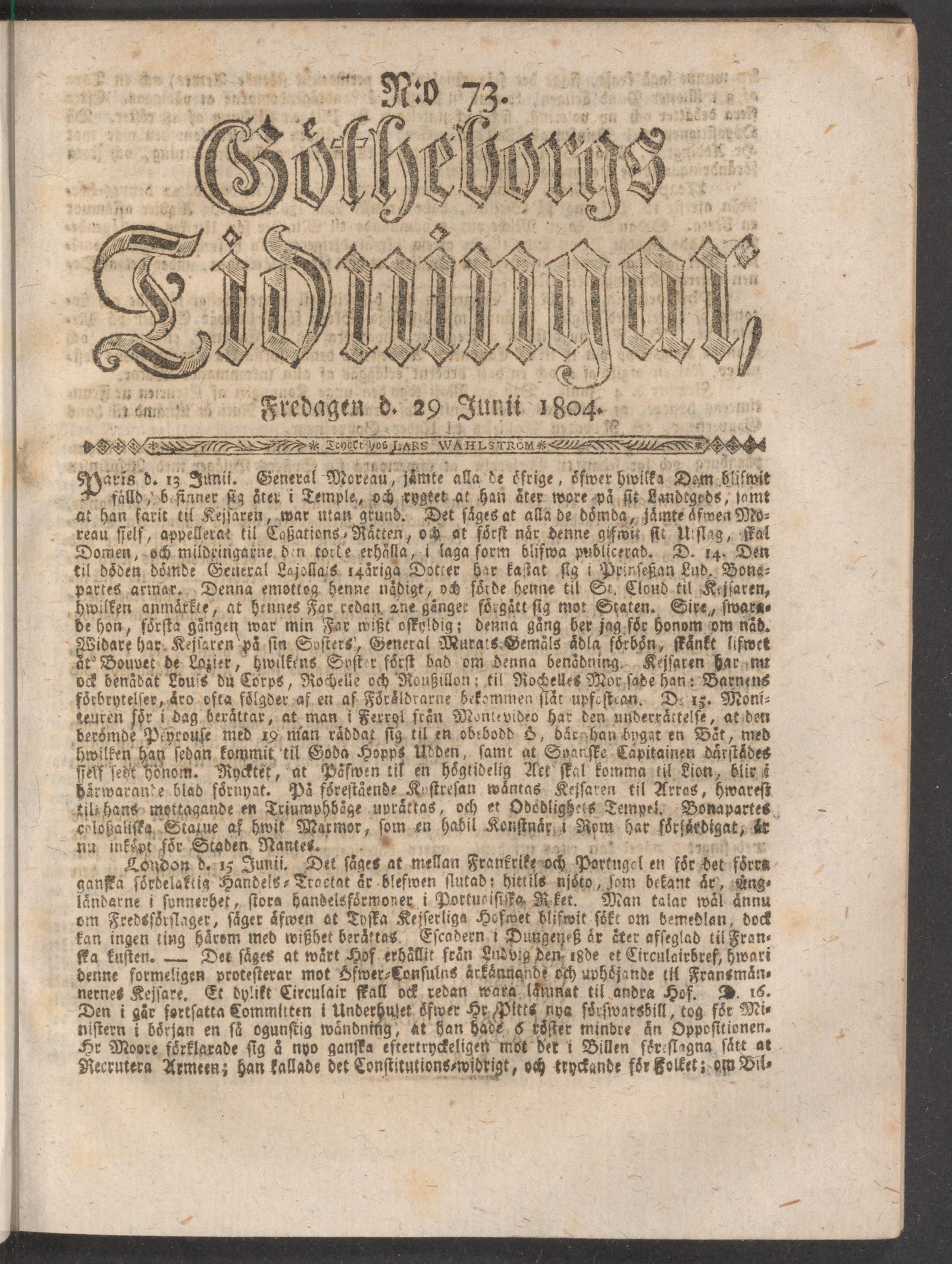 Tidningssida ur GÖTHEBORGS TIDNINGAR, 1804-06-29
