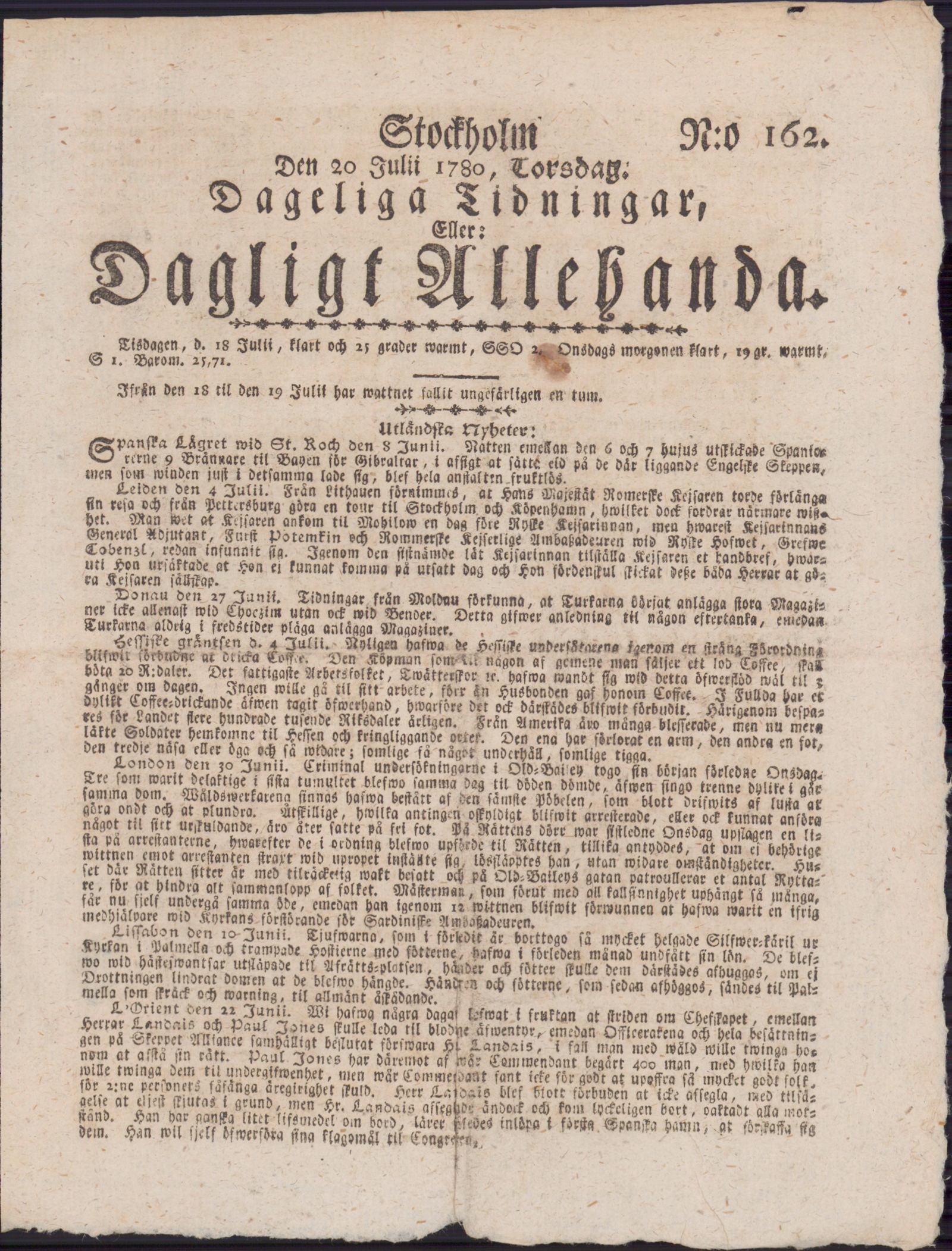 Tidningssida ur DAGLIGT ALLEHANDA, 1780-07-20