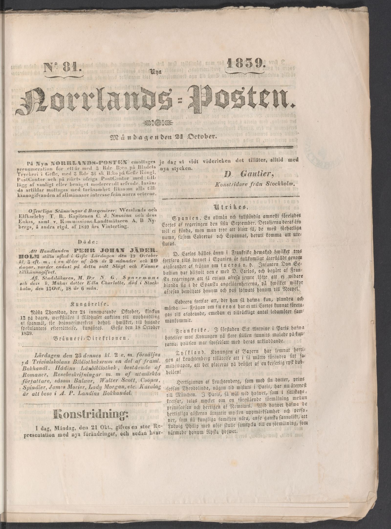 Tidningssida ur NORRLANDSPOSTEN, 1839-10-21