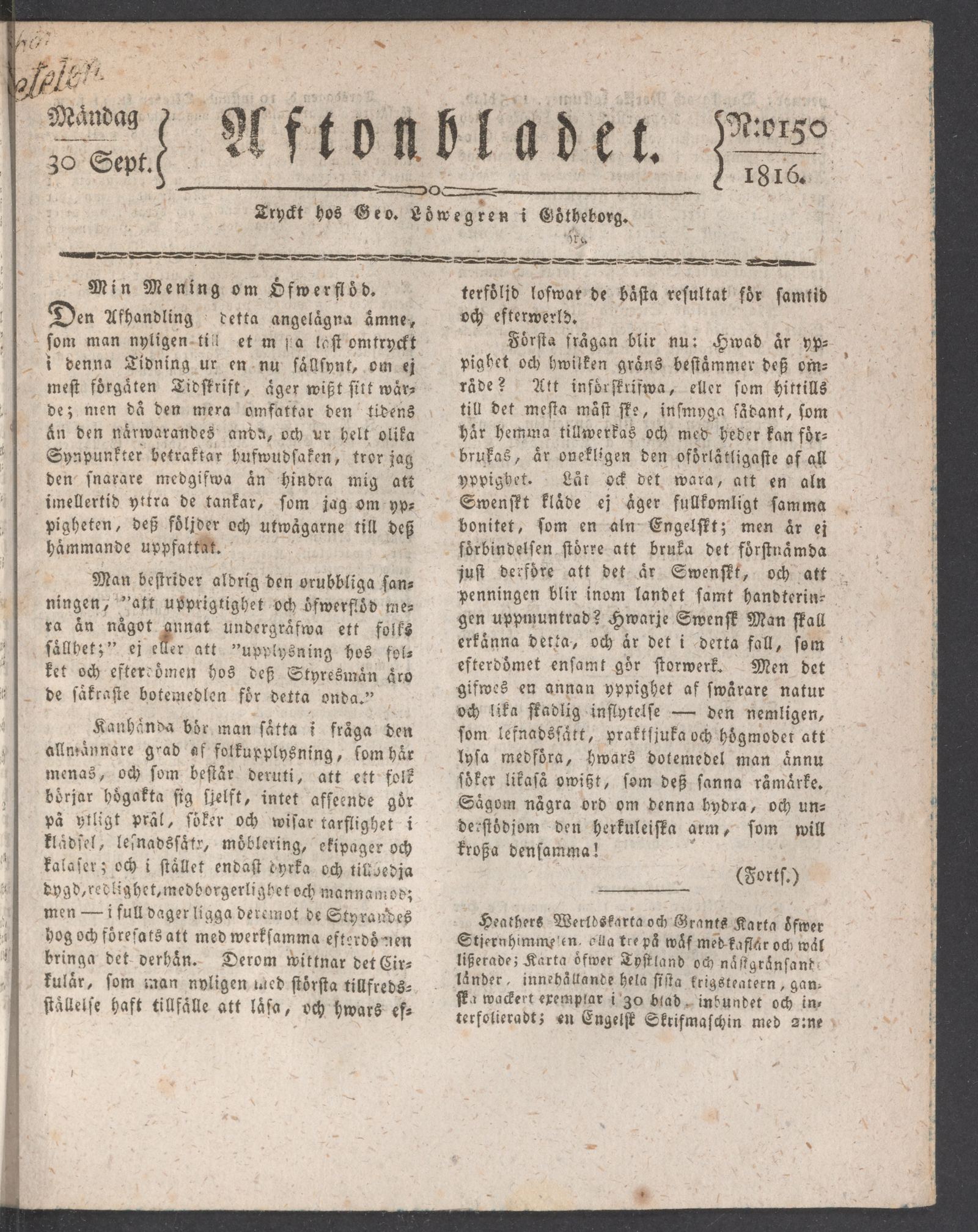Tidningssida ur AFTONBLADET, 1816-09-30