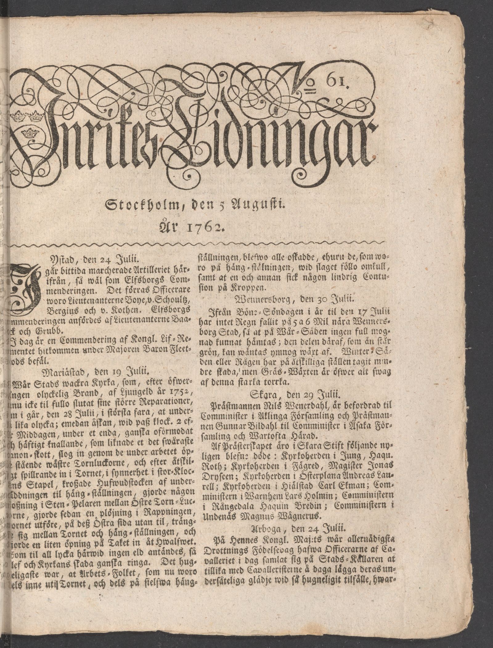 Tidningssida ur INRIKES TIDNINGAR, 1762-08-05