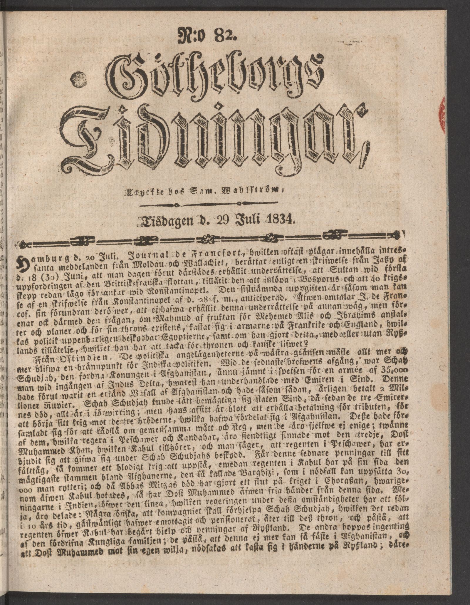 Tidningssida ur GÖTHEBORGS TIDNINGAR, 1834-07-29