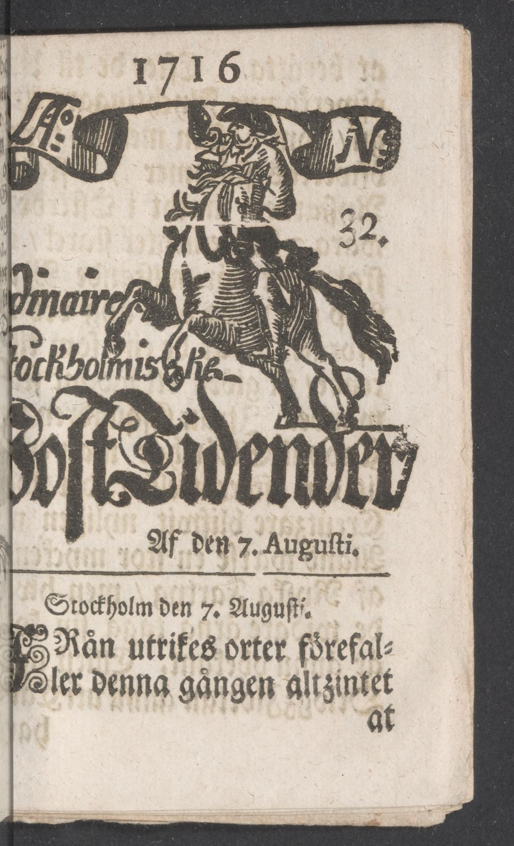 Tidningssida ur POSTTIDNINGAR, 1716-08-07