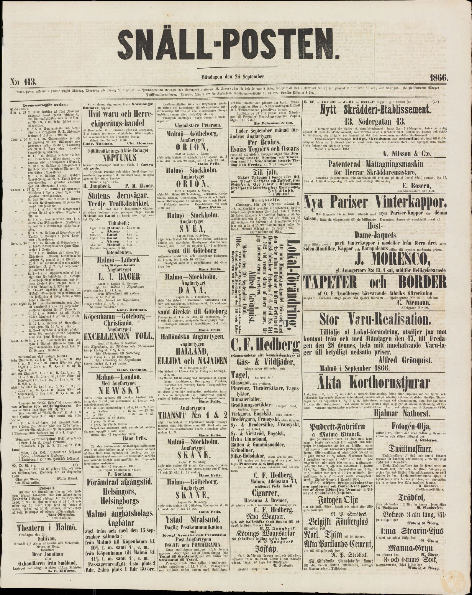 Tidningssida ur SNÄLLPOSTEN, 1866-09-24