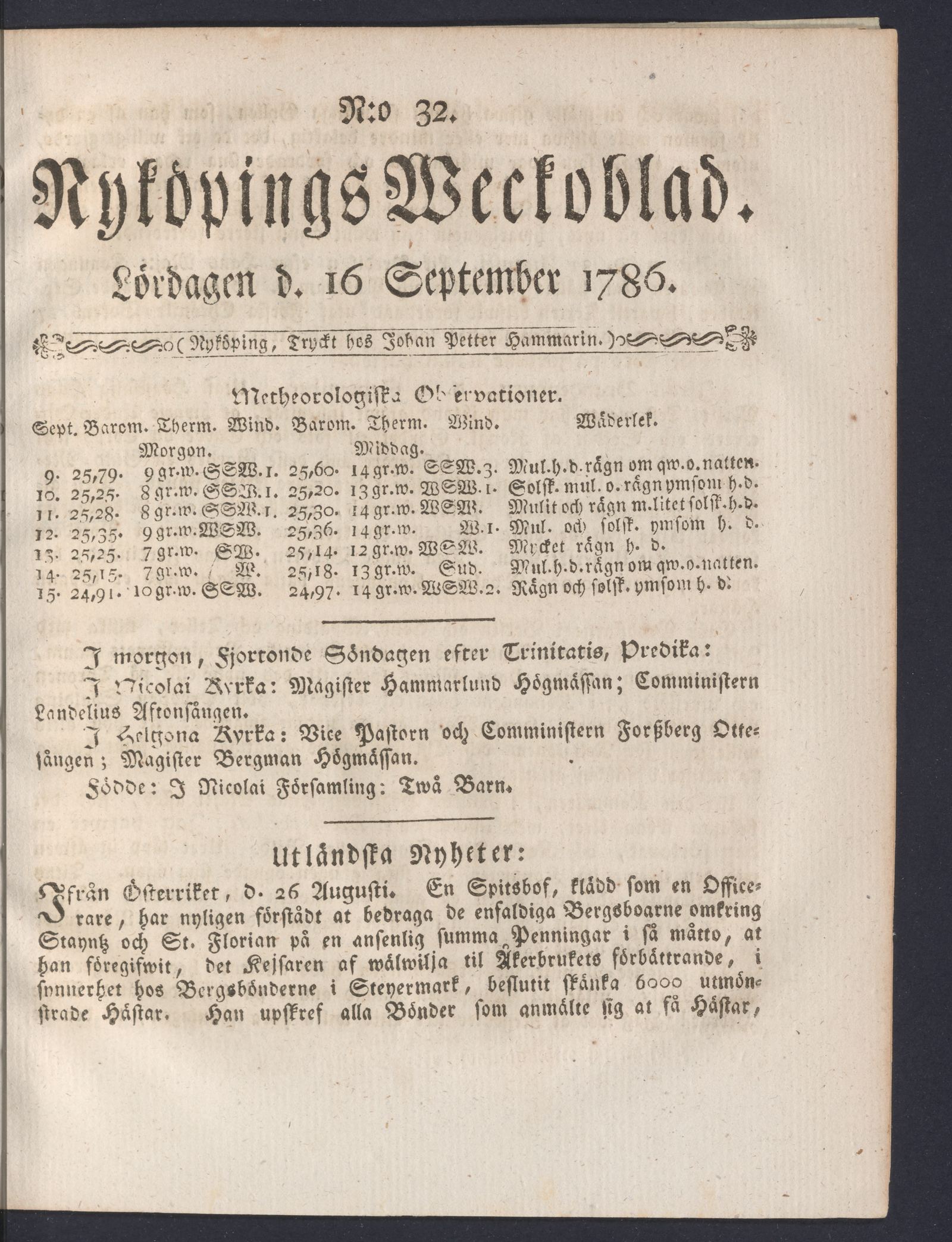 Tidningssida ur NYKÖPINGS WECKOBLAD, 1786-09-16