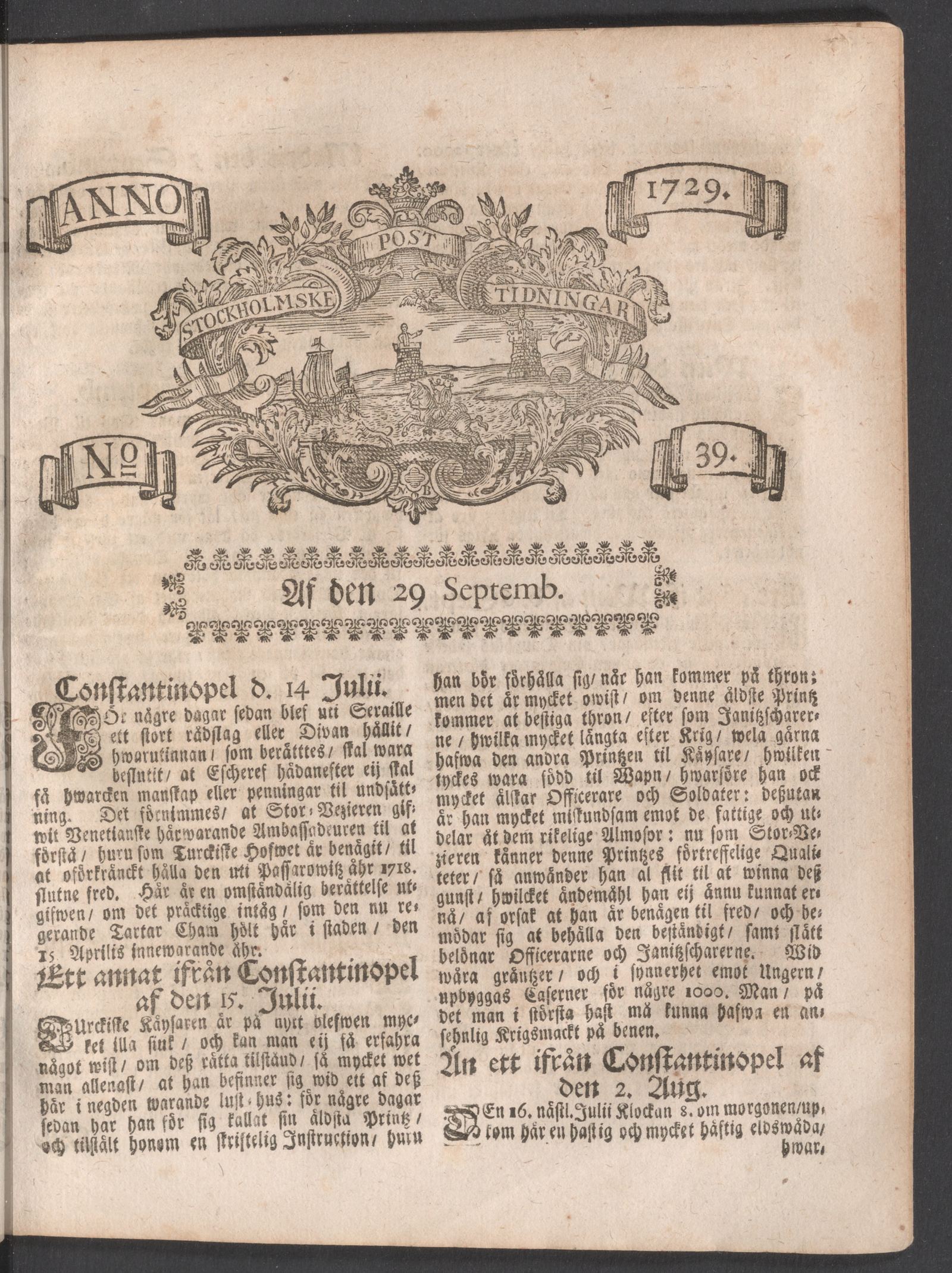 Tidningssida ur POSTTIDNINGAR, 1729-09-29