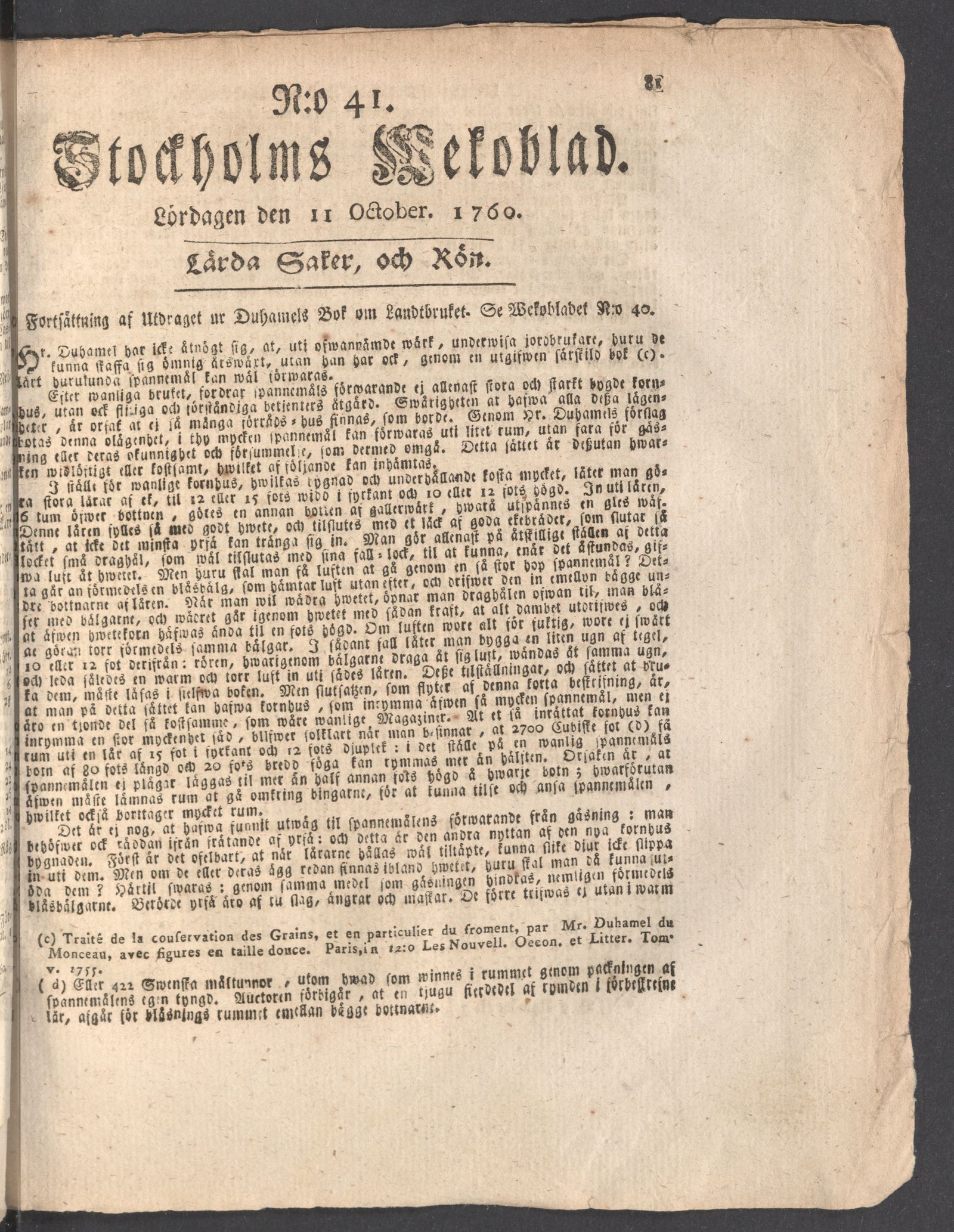 Tidningssida ur STOCKHOLMS WECKOBLAD, 1760-10-11