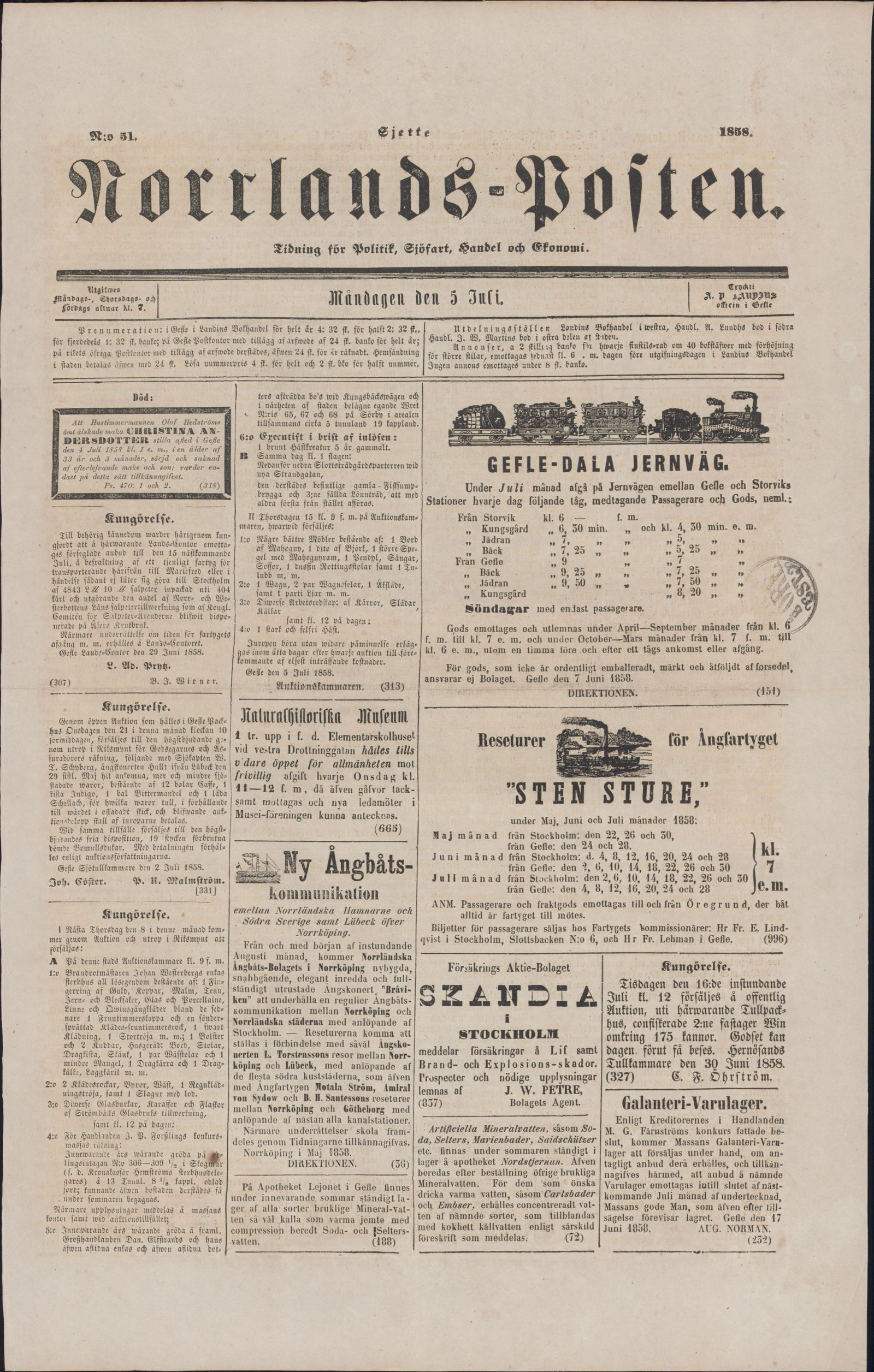 Tidningssida ur NORRLANDSPOSTEN, 1858-07-05