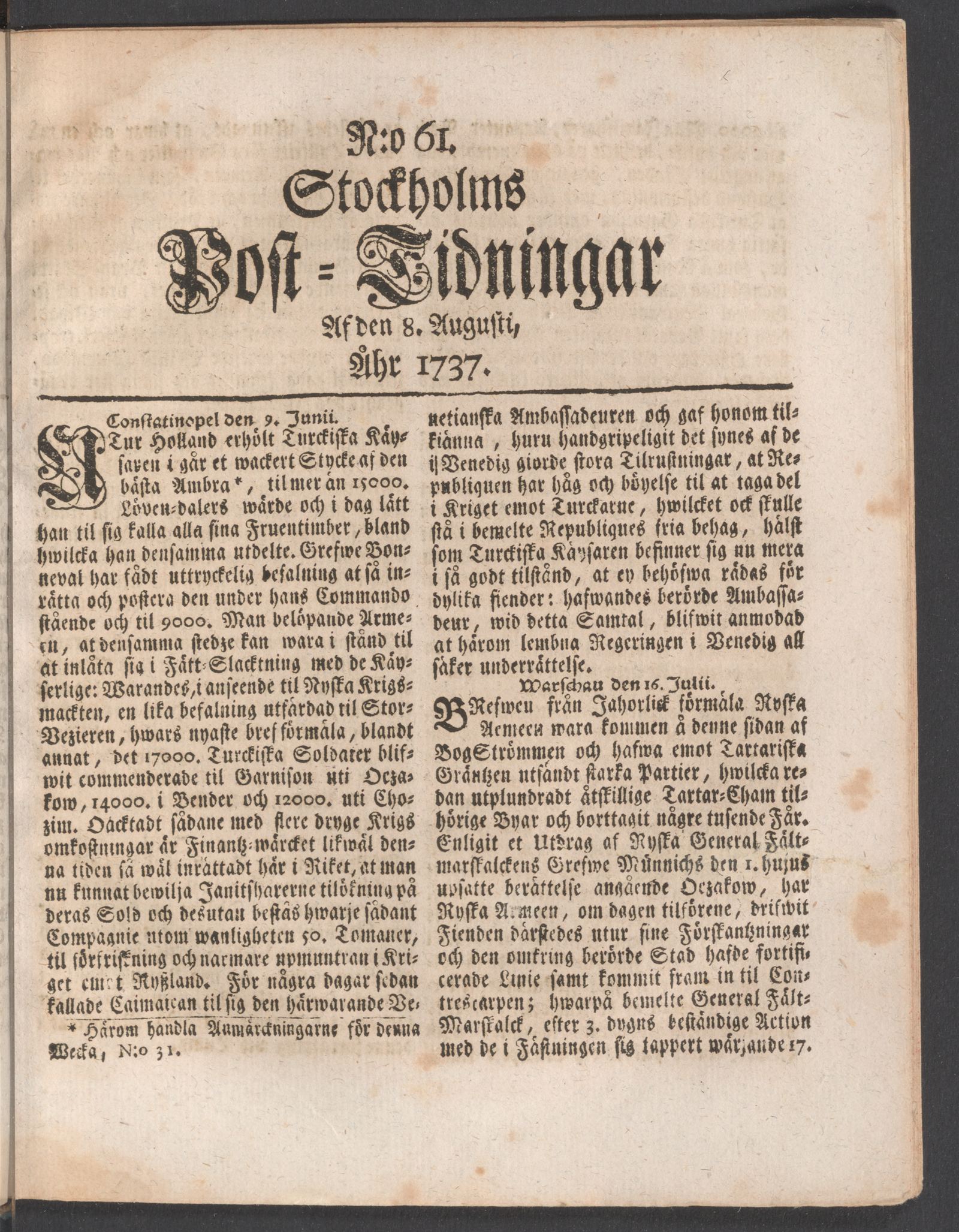 Tidningssida ur POSTTIDNINGAR, 1737-08-08