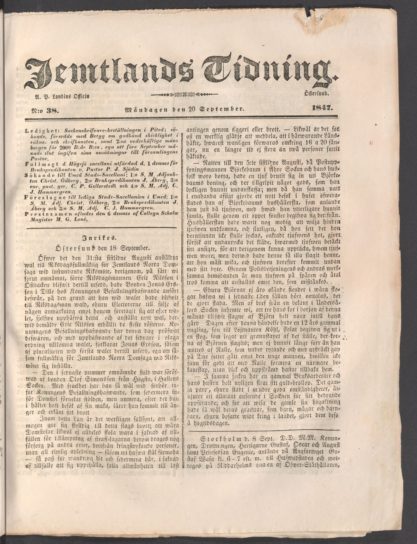 Tidningssida ur JEMTLANDS TIDNING, 1847-09-20