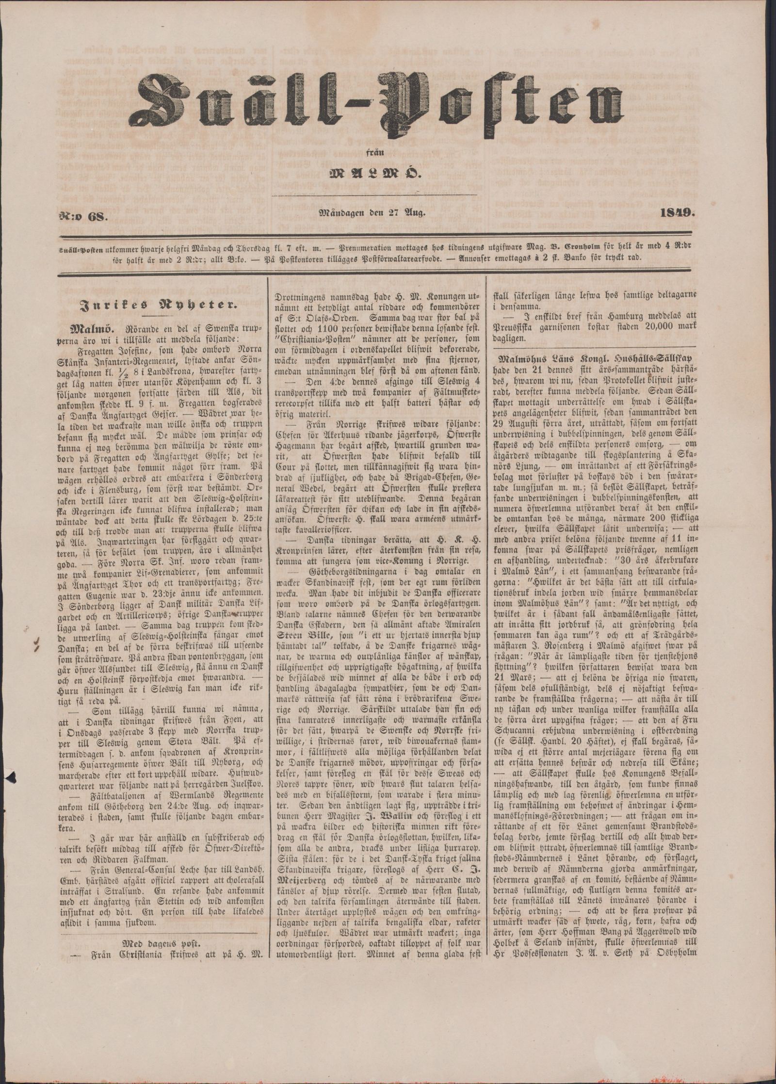 Tidningssida ur SNÄLLPOSTEN, 1849-08-27