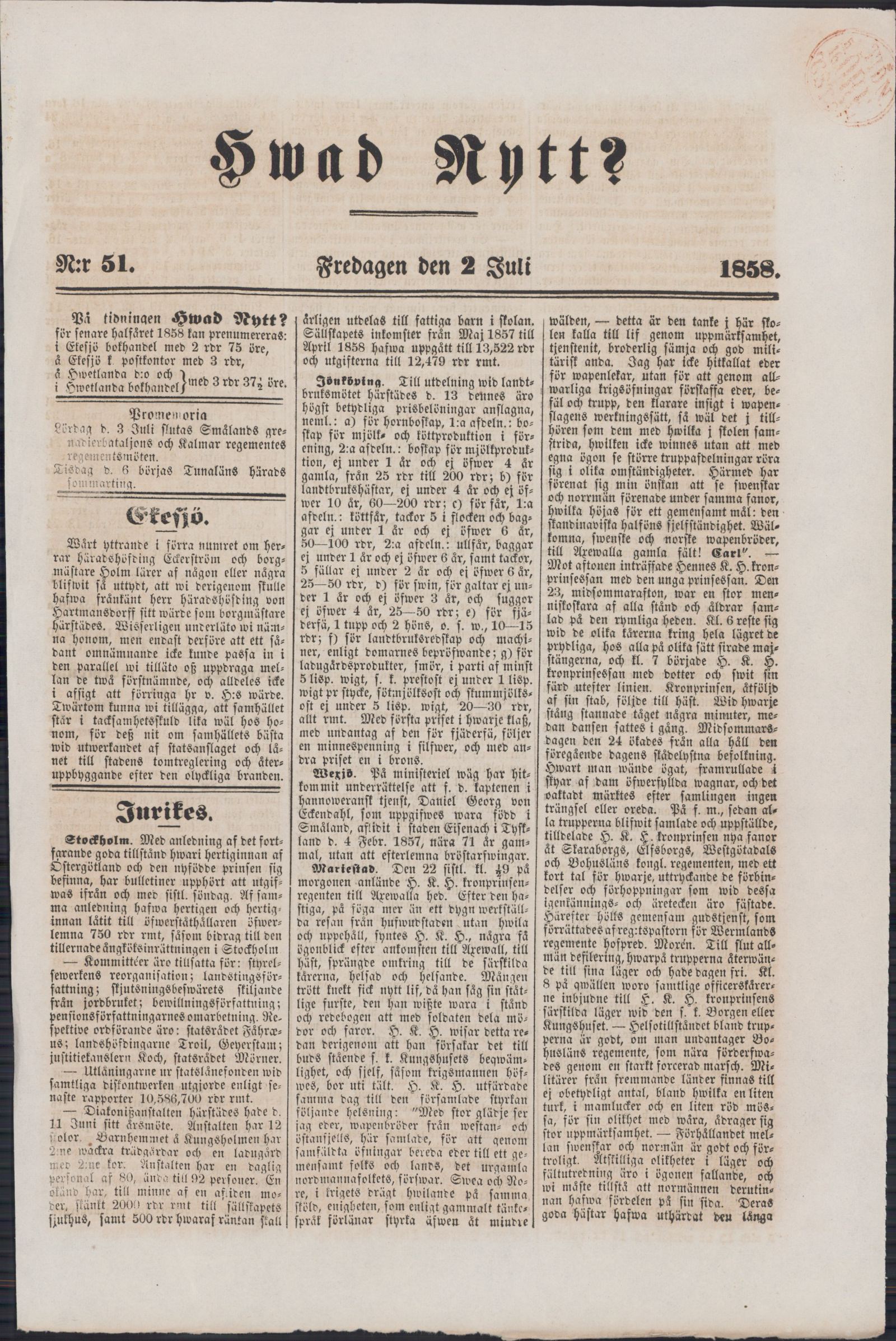 Tidningssida ur HVAD NYTT?, 1858-07-02